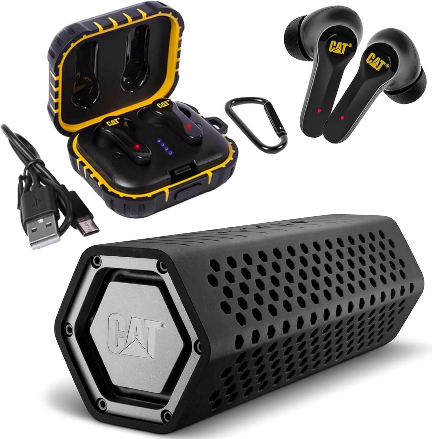 CAT Earbud and Speaker Bundle - Bluetooth Noise Cancelling Earbuds | Wireless Portable Speaker | Headphones Combo