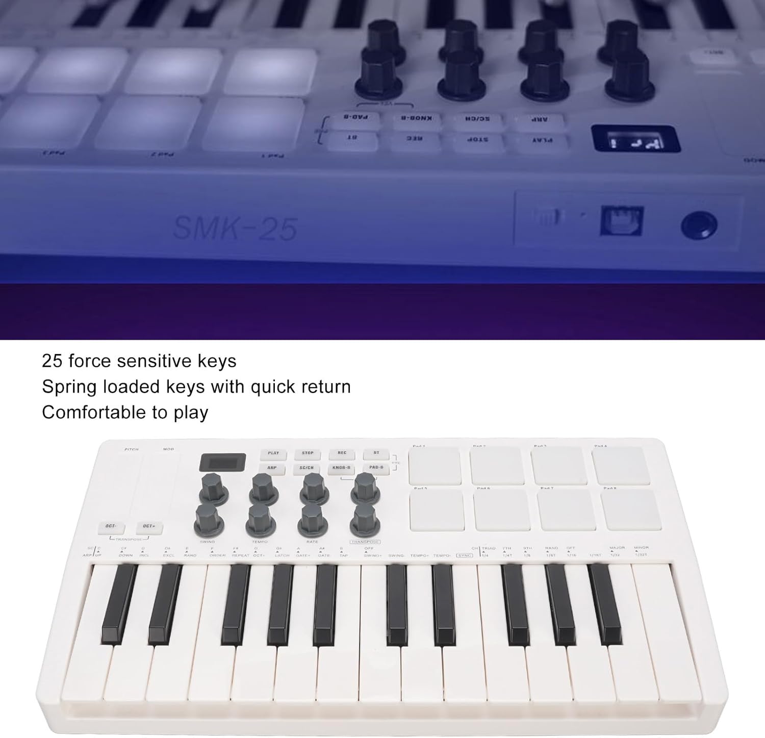 Portable Bluetooth MIDI Keyboard Controller, 25 Key MIDI Controller with 8 Backlit Drum Pads & 8 Knobs, for Musician Music Production