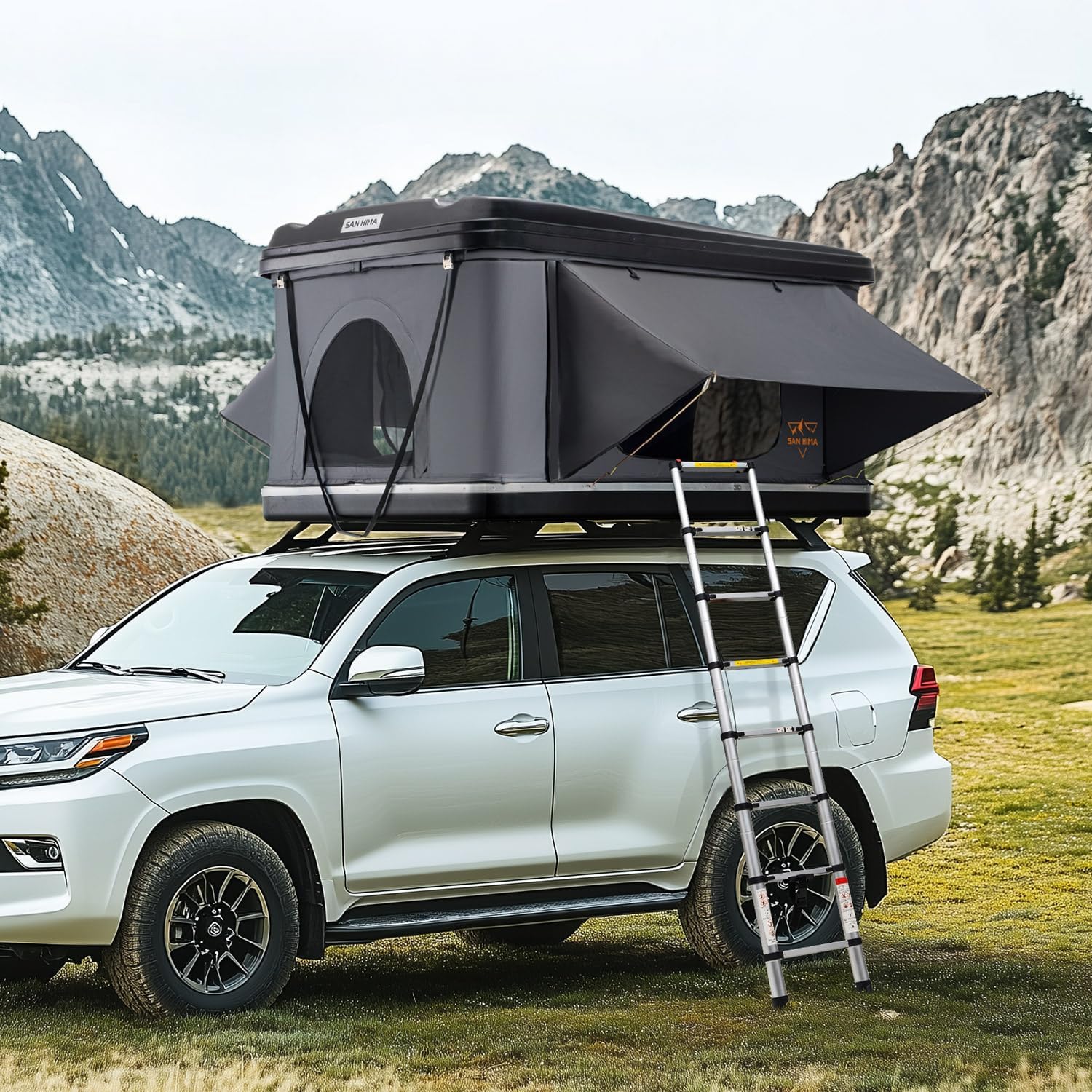 Sanhima Rooftop Tent Hard Shell - Jervis Loft Overland Aluminium ABS Roof Top Tent w/ 4 Sides Windows & AC Duct Hole for Car SUV Truck Camping, for 2-3 People