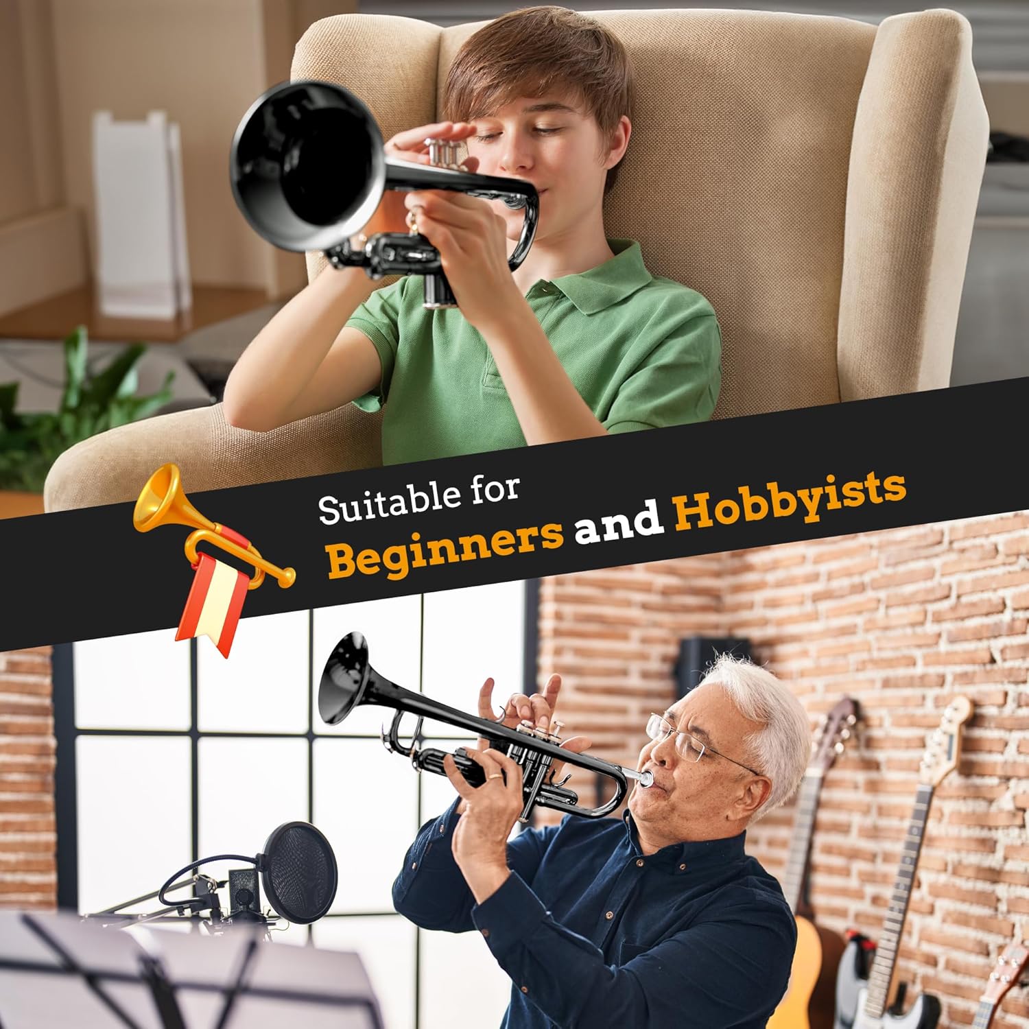 CAHAYA Bb Trumpet Instrument Trompeta: Student Trumpet with Hard Case 7C Mouthpiece Gloves Standard Trumpets for Beginners or Advanced Students Black