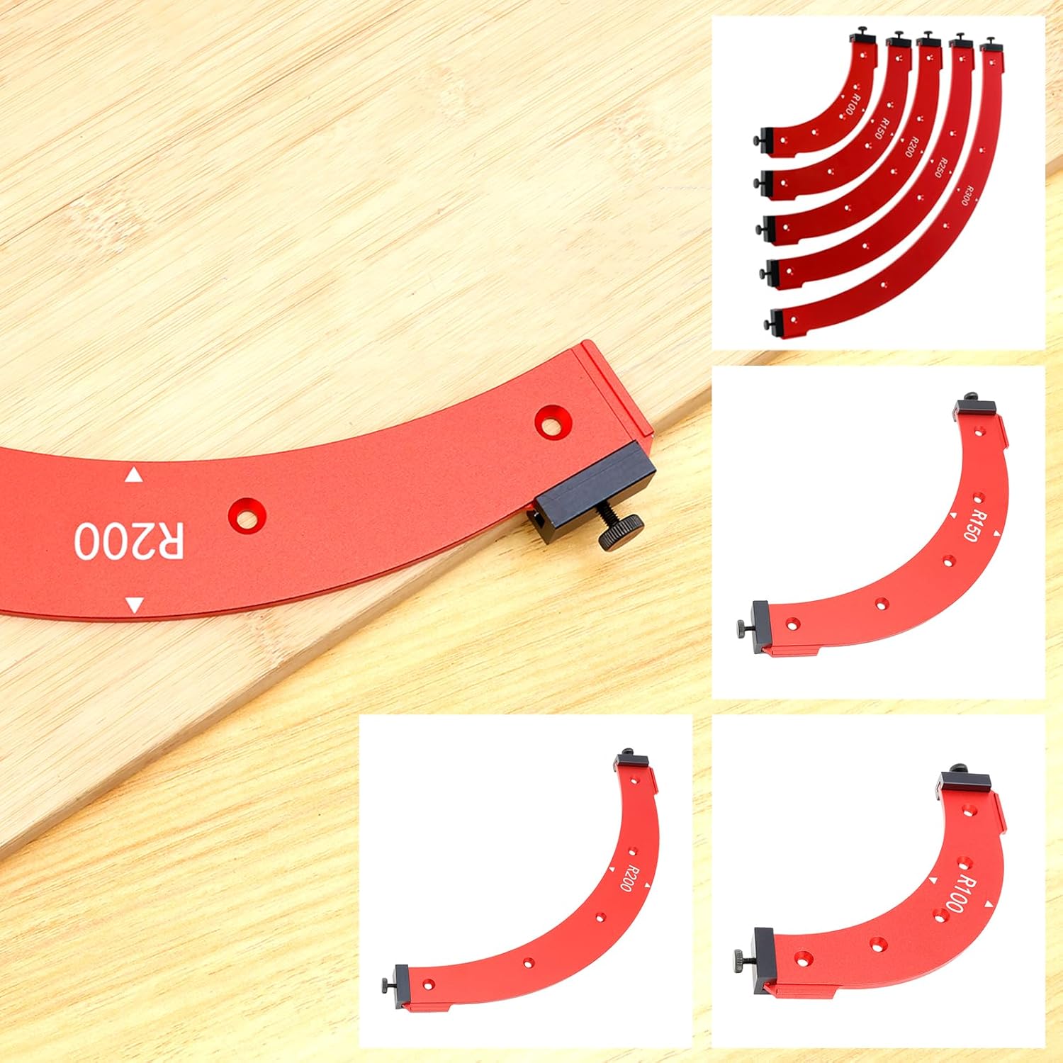 5Pcs Round Corner Radius Template Aluminum Alloy Radius Jig Router Template Arc Angle Positioning Auxiliary Tool Portable Corner Positioning Jig R100/R150/R200/R250/R300