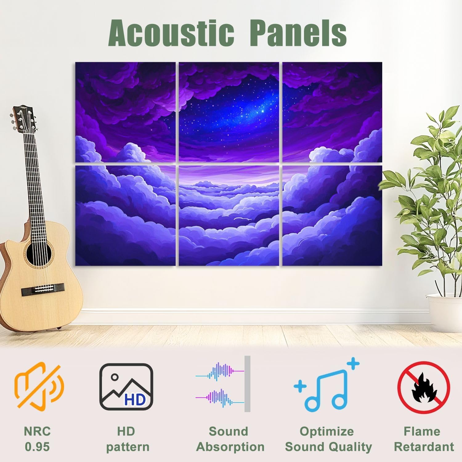 6 Pack Art Acoustic Panels Sound Absorbing Galaxy Starry Cloud Formations Starlit Dreamscape Cosmic Elements Decorative Soundproof Wall Panels Self Adhesive for Recording Studios Office 72