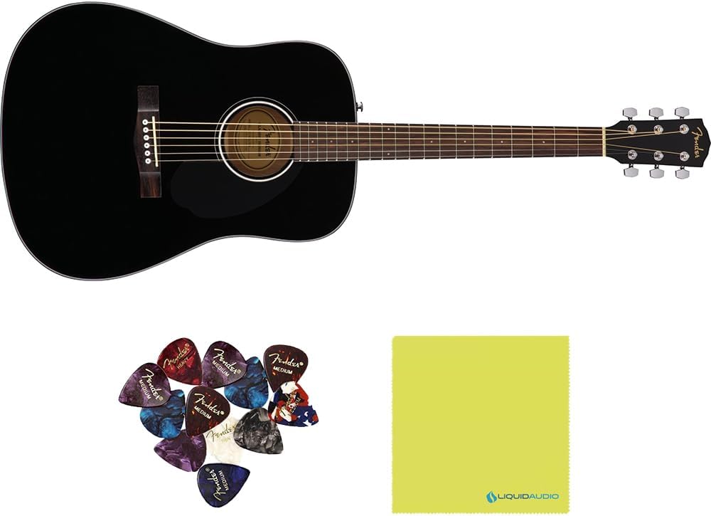 Fender CD-60S Dreadnought Acoustic Guitar, Walnut Fingerboard, Black - 0970110006 Bundle w/ 12-Pack Guitar Pick and Liquid Audio Polishing Cloth