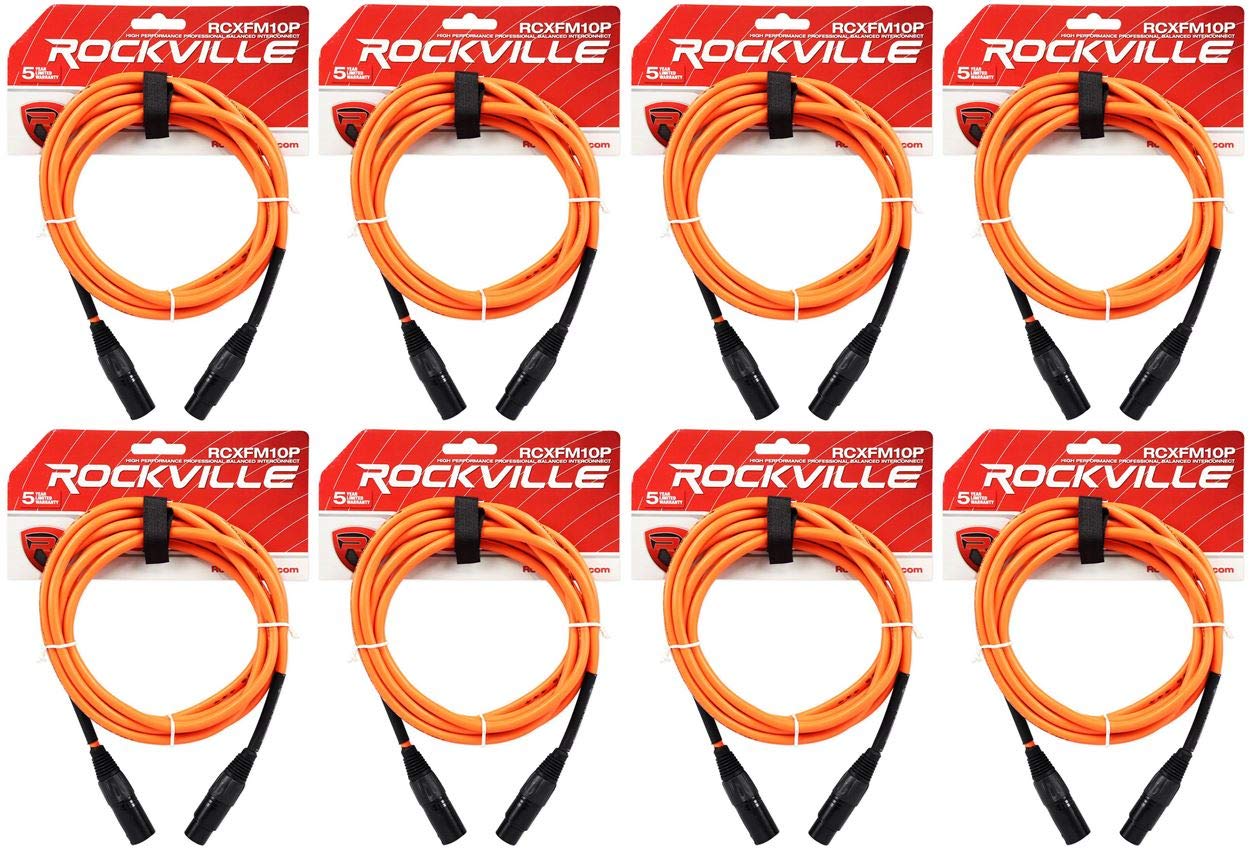 Rockville (8 RCXFM10P-O Orange 10' Female to Male REAN XLR Mic/Speaker Cable