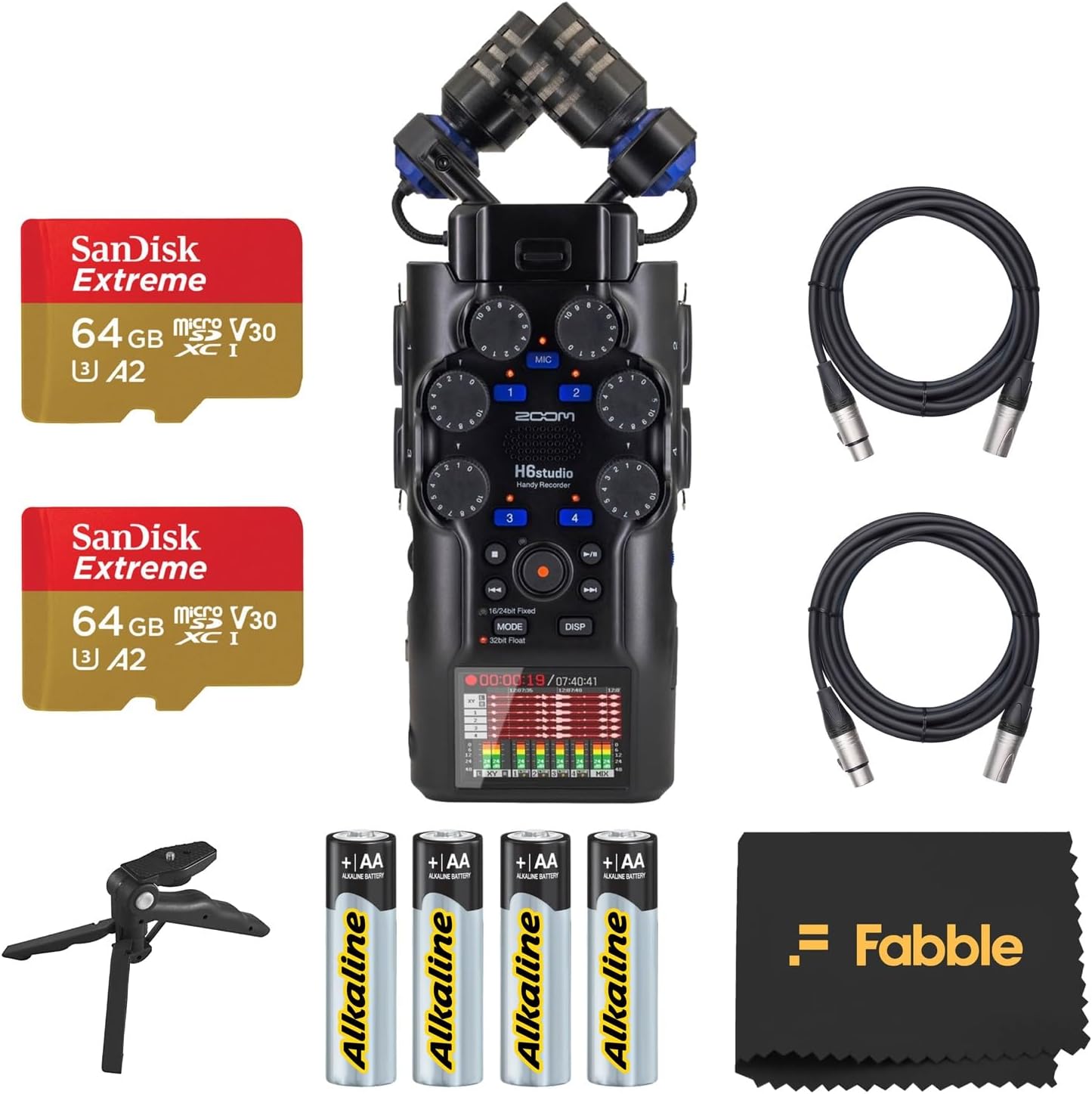Zoom H6studio Handy Recorder Bundle with 2× 64GB microSDXC Cards, 2× 10ft XLR Cables, 4× AA Batteries, and Table Tripod Hand Grip for Professional Portable Recording Setups