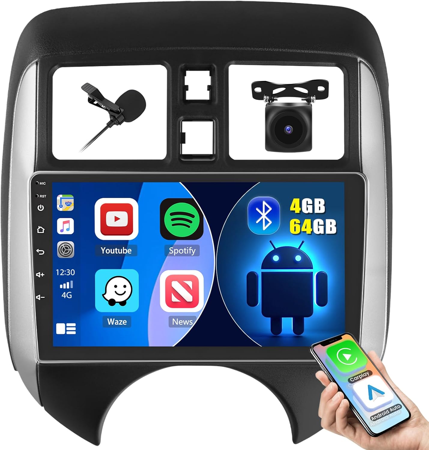 [4+64GB] Android 15 Car Radio for Nissan Versa Note 2014-2018 with Wireless Carplay Android Auto, 9 Inch HD Touchscreen Car Stereo with WiFi GPS Bluetooth5.0 FM/RDS 32EQ SWC Backup Camera MIC