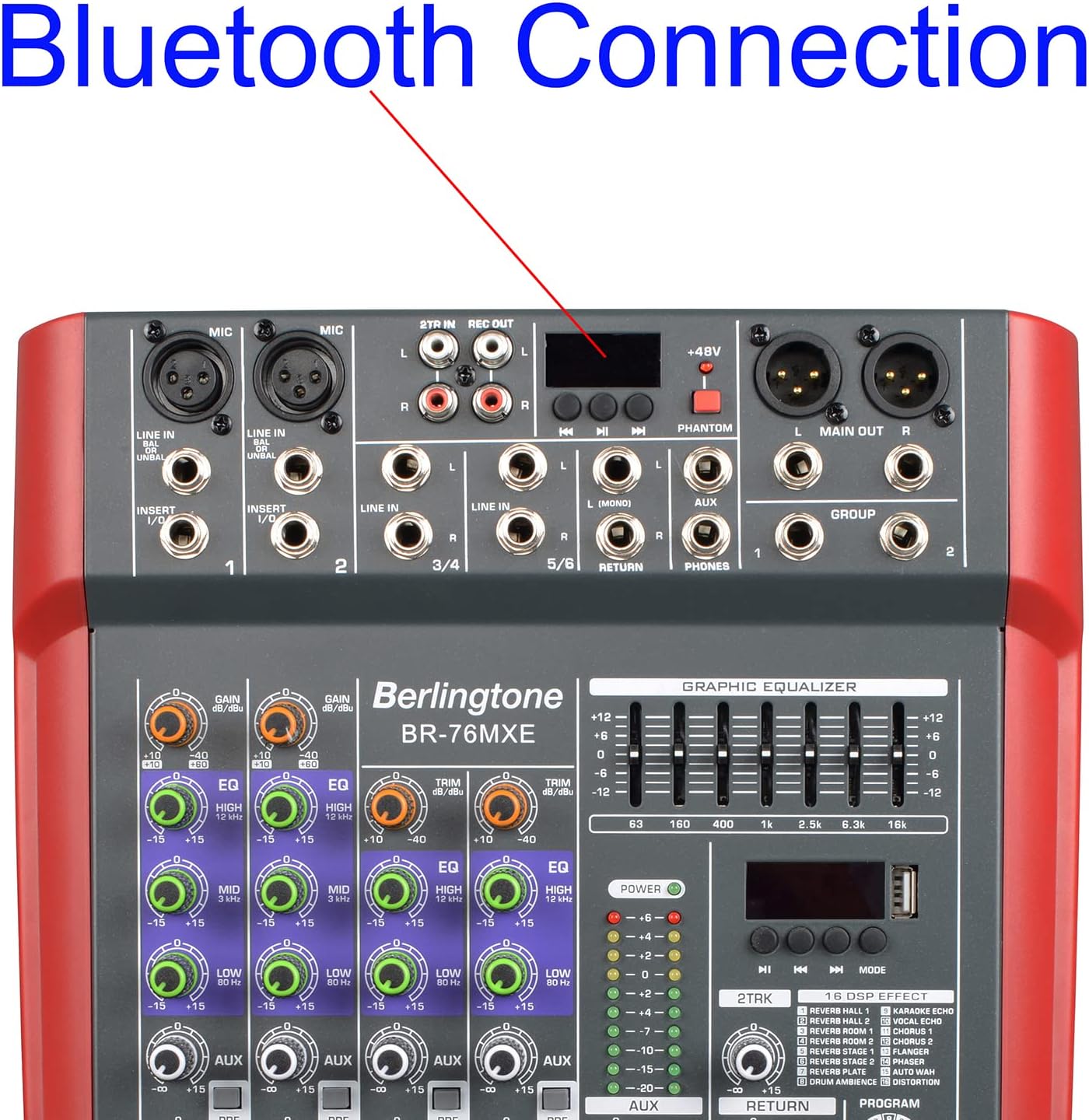 Professional 6 - Channel Bluetooth Studio Audio Mixer - DJ Sound Controller, USB Drive, PC Recording, RCA, XLR Microphone Jack, 7 Band EQ, 16BIT Digital Multi Effect Processor (BR-76MX)