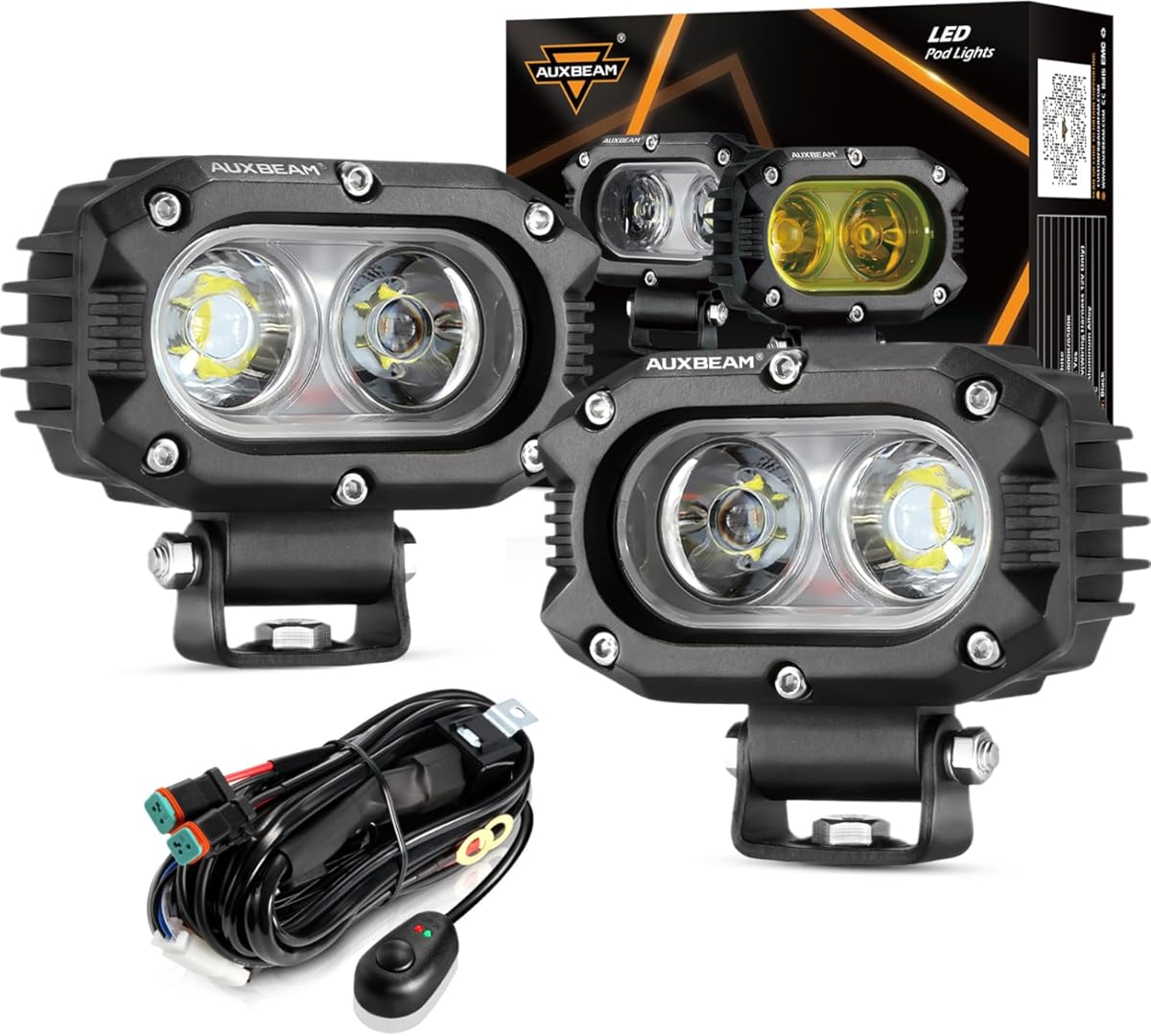 Auxbeam 4 Inch LED Pod, Square Pod Light with 5050 LED White Flood Beam Offroad Driving Fog Light with Wiring Harness for Jeep Wrangler Truck Pickup SUV ATV UTV (2 Pcs)