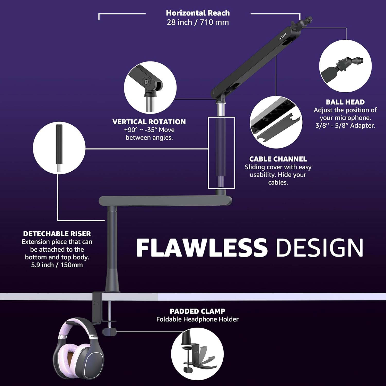 IXTECH Mic Boom Arm Stand LP Microphone Stand Low Profile Microphone Arm Adjustable for Blue Yeti Shure Sm7b Hyperx QuadCast Rode Fifine and At2020 360° Mic Arm for Gaming Podcasting.