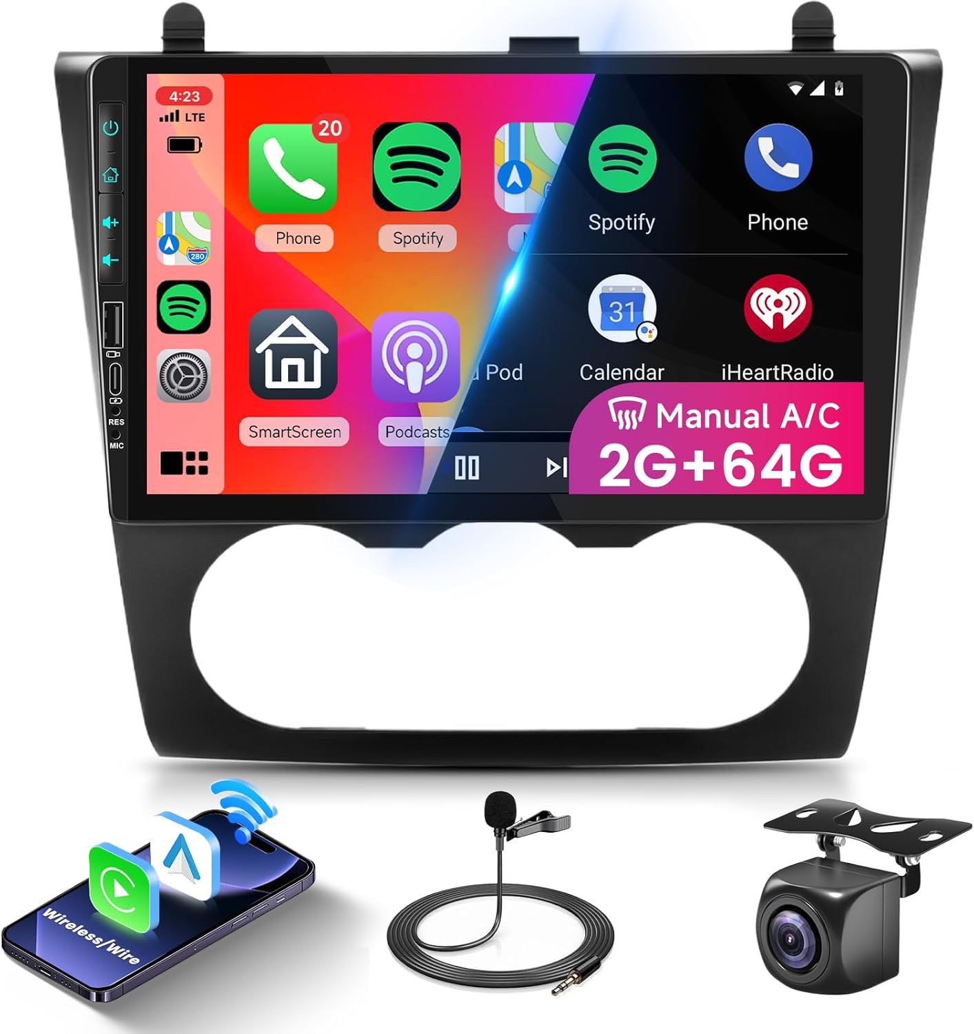 2G+64G Android Car Stereo for Nissan Altima 2008-2012 with Wireless Carplay Android Auto, 9“ Touch Screen Bluetooth Car Radio Support GPS Navigation WiFi FM SWC USB Backup Camera (Manual A/C)