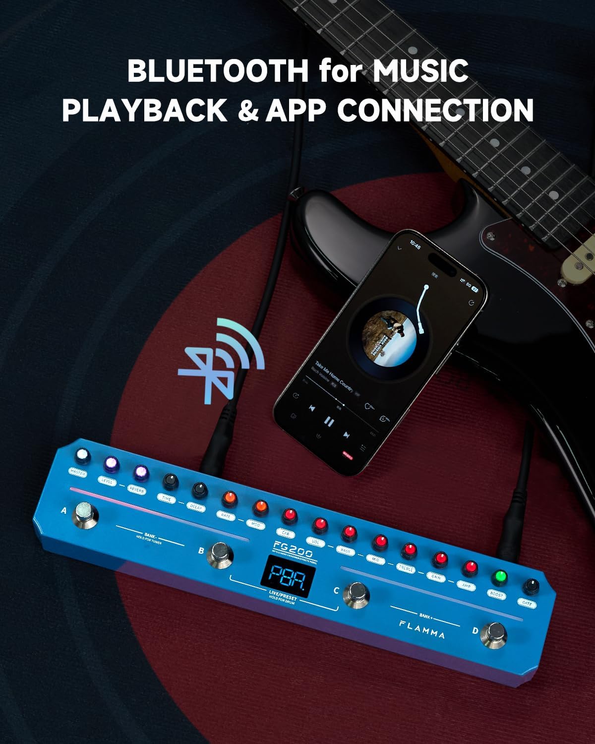 FLAMMA FG200 Intelligent Multi-Effects Guitar Pedal with 52 AMP Models 5 BOOST Models 16 CAB Simulations 7 Effects Modules 9 IR Slots 40 Presets 40 Rhythm Styles Support APP OTG