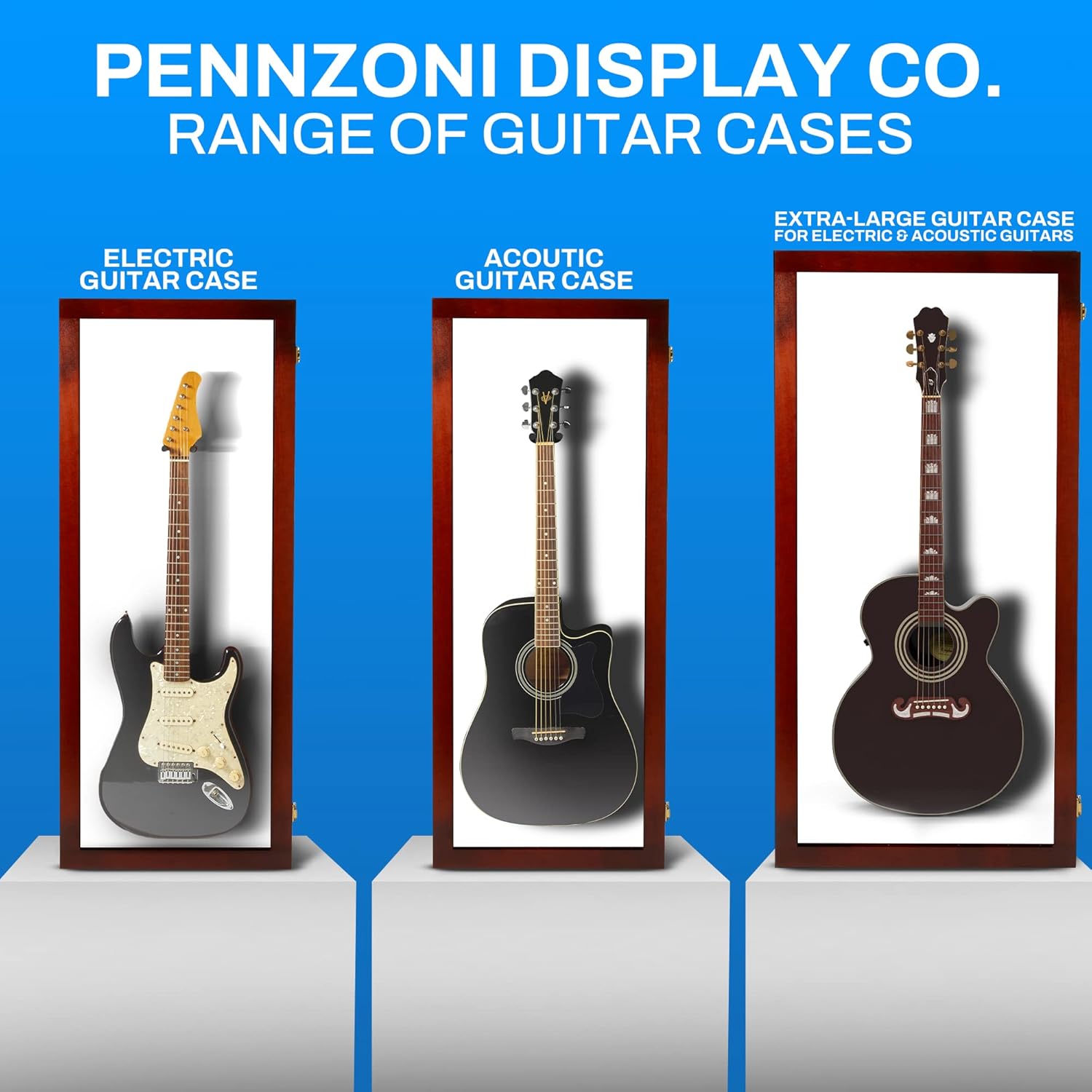 PENNZONI Extra Large Acoustic Guitar Display Case - Wall Mount Display Case for Acoustic/Electric Guitars - Ultra Clear Acoustic Guitar Solid Wood Frame Display Case | Cherry, White Felt