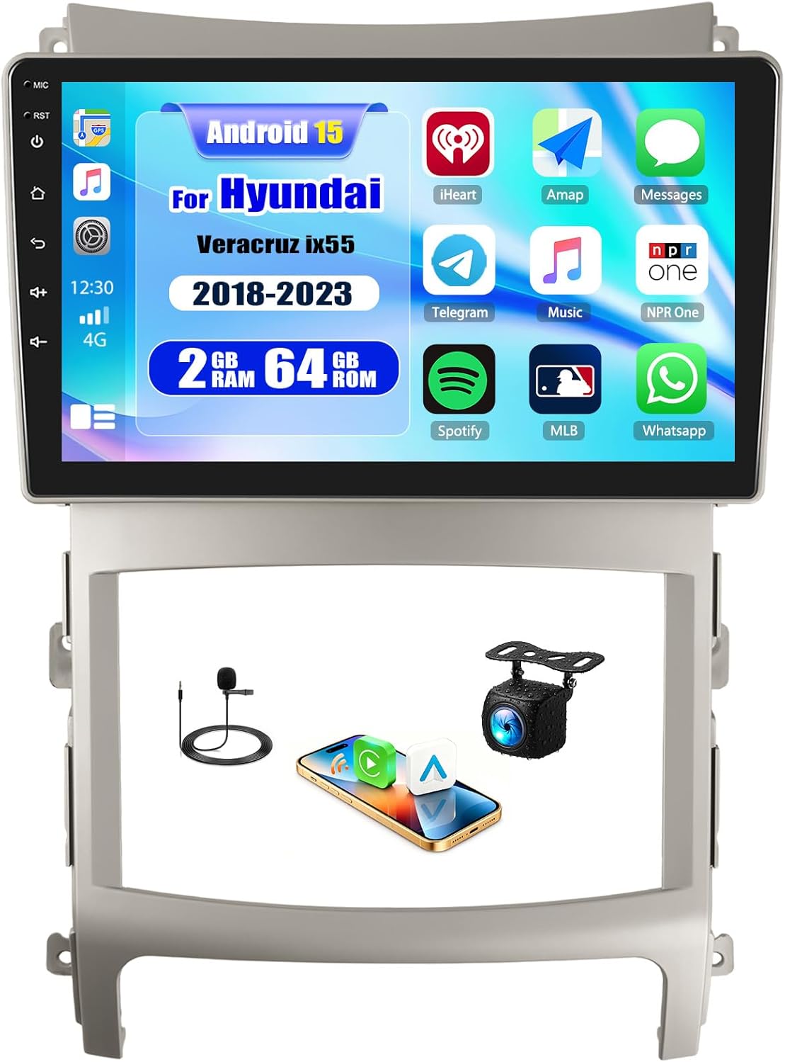 CAMECHO 2+64G Android 15 Car Radio for Hyundai Veracruz ix55 2007-2013 9'' Touchscreen Head Unit with Carplay Android Auto, with Bluetooth 5.0, GPS Navigation, WiFi, FM/RDS + Backup Camera & Mic