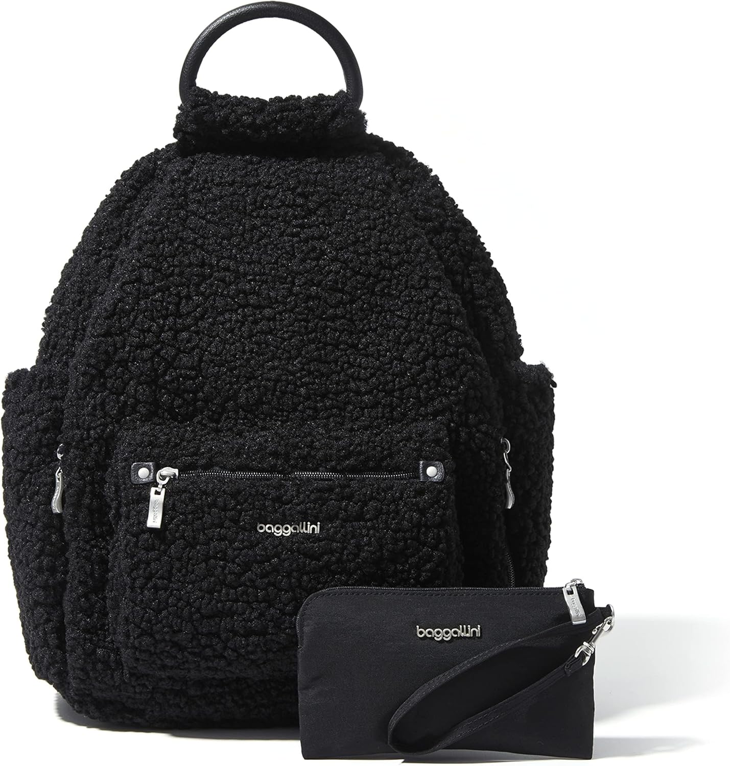 Baggallini Womens All Day Backpack With RFID Phone Wristlet, Black Faux Shearling