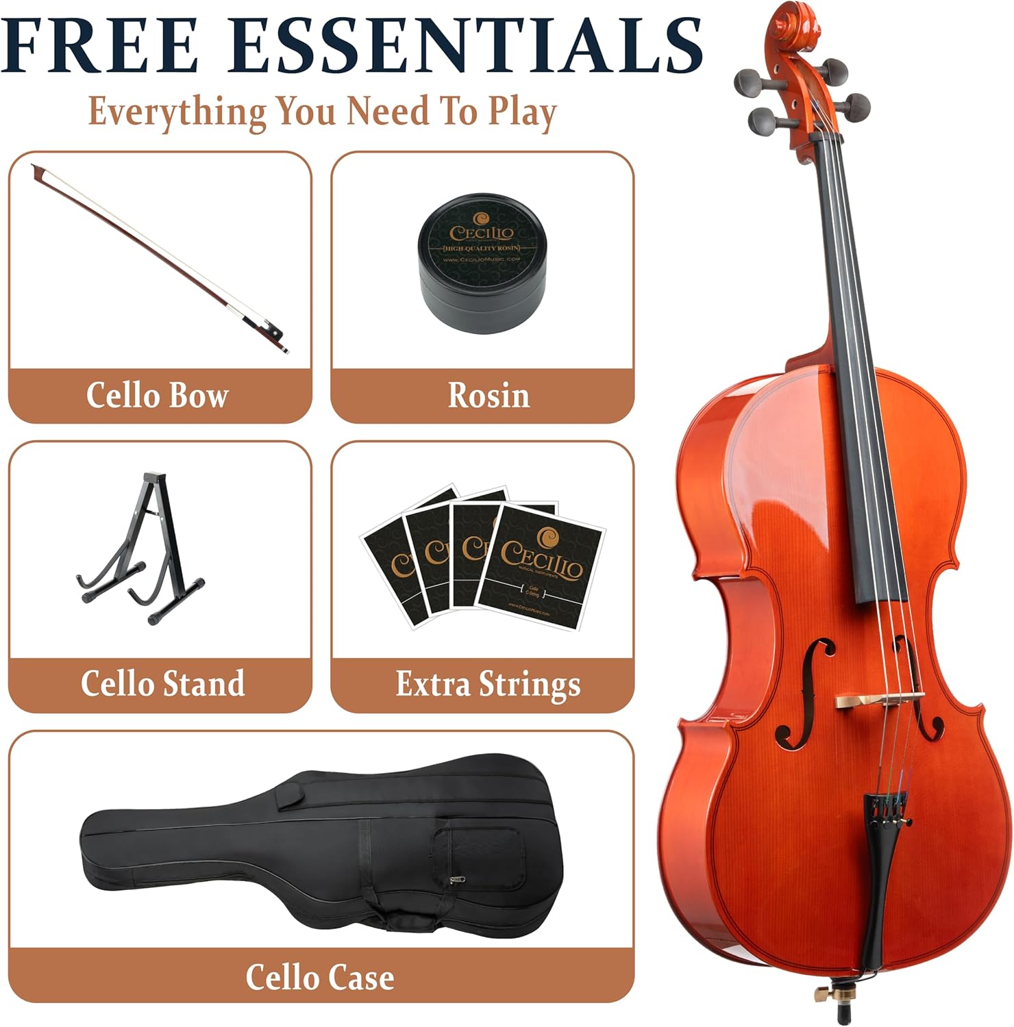Cecilio 3/4 Size Cello, Beginner Cello 3/4, Acoustic Cello Set with Portable Bag, Bow, Rosin, Stand, String Musical Instruments for School Orchestras, Performances