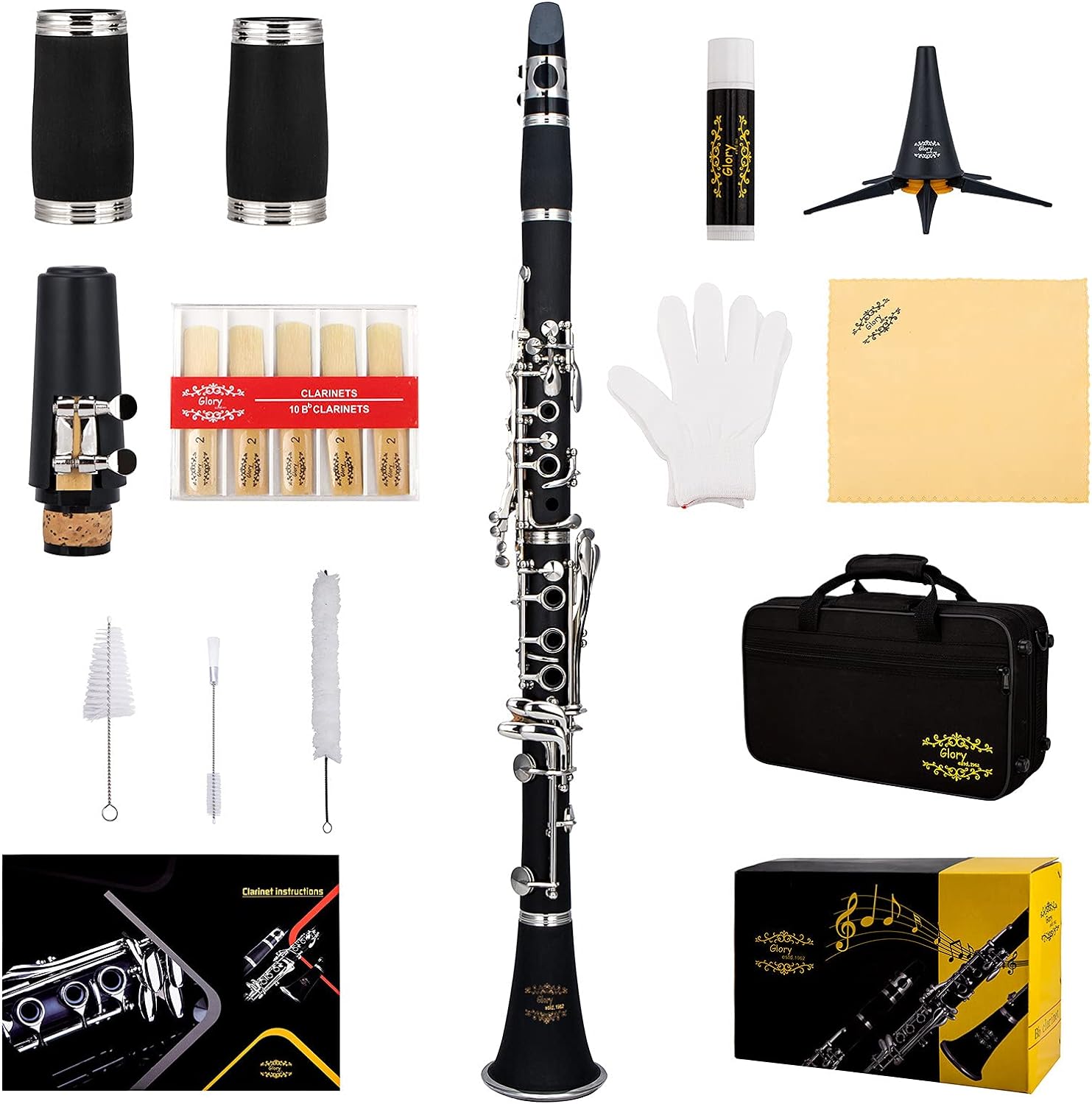 Glory GLY-PBK Professional Ebonite Bb Clarinet with 10 Reeds, Stand, Hard Case, Cleaning Cloth, Cork grease, Mouthpiece Brush and Pad Brush, Black