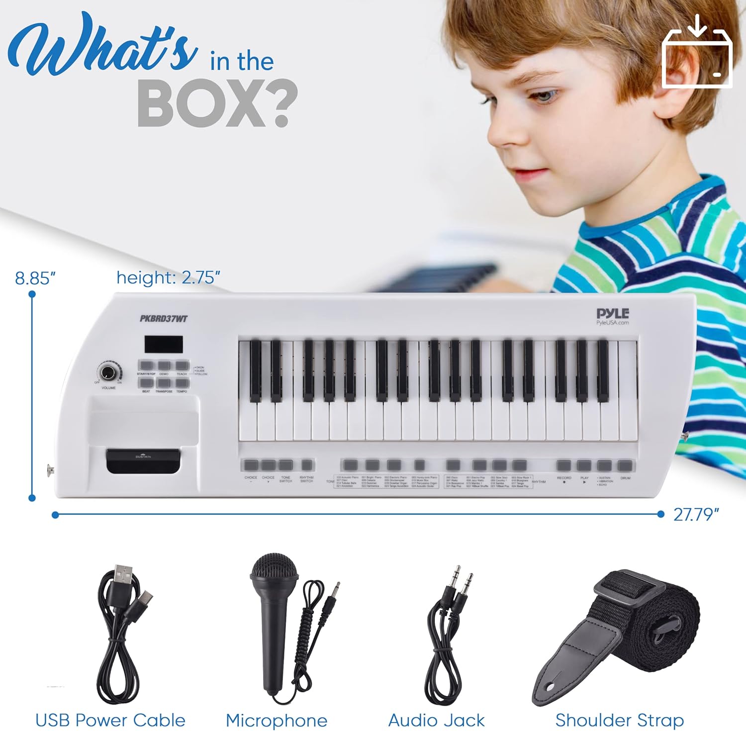 PYLE Electric Piano, 37 Keys Electric Keyboard Piano, Music Keyboard - Built-in Stereo Speakers, Rechargeable Battery, Wired Microphone, Portable Design, 200 Tones, 200 Rhythms, 50 Demos Included