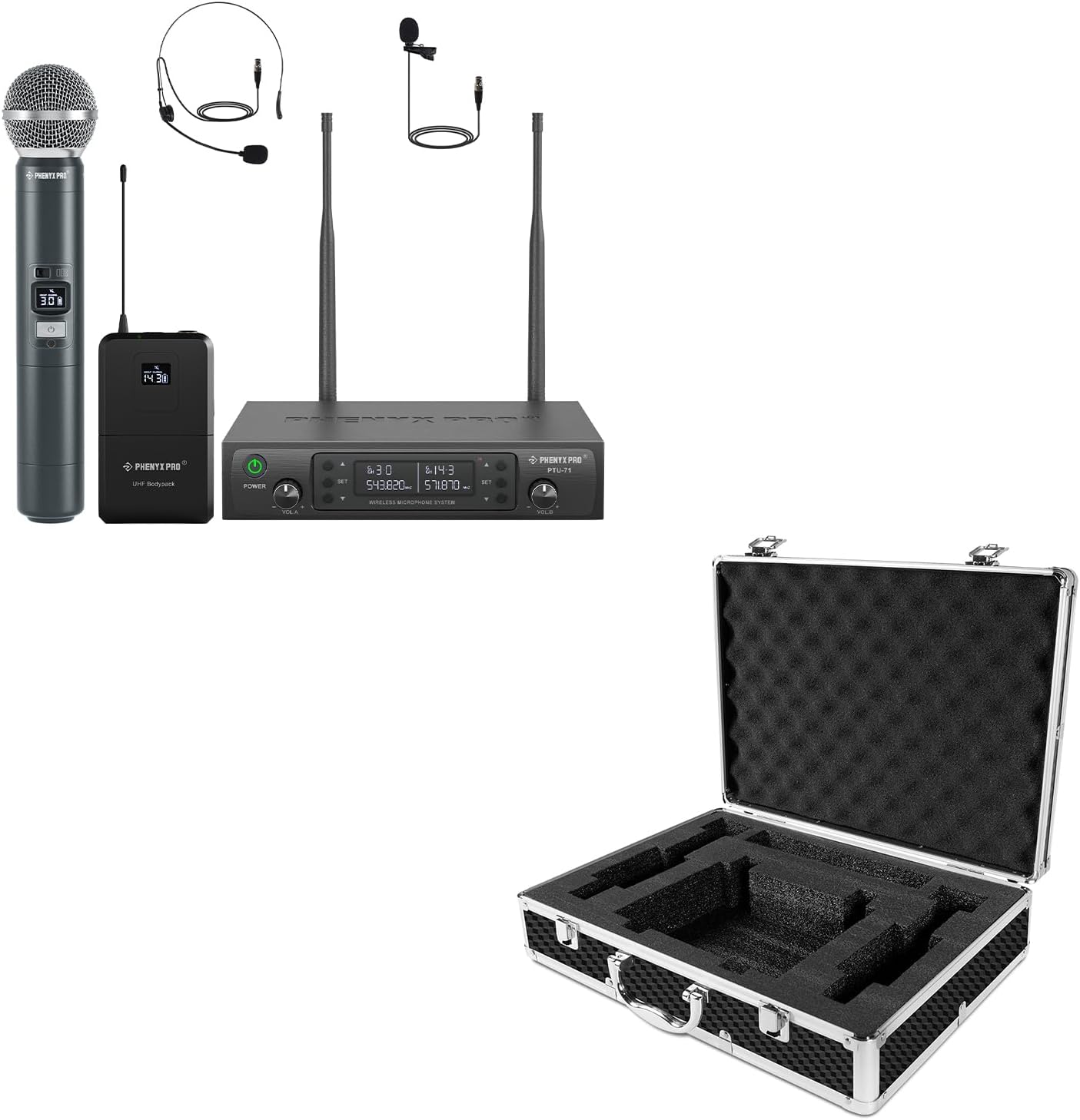 Phenyx Pro Wireless Microphone System, Dual Mic Set with Handheld/Bodypack/Lapel Mics,2x100 UHF Channels,328ft Range PTU-71-1H1B Bundle with The Medium Size Carrying Case