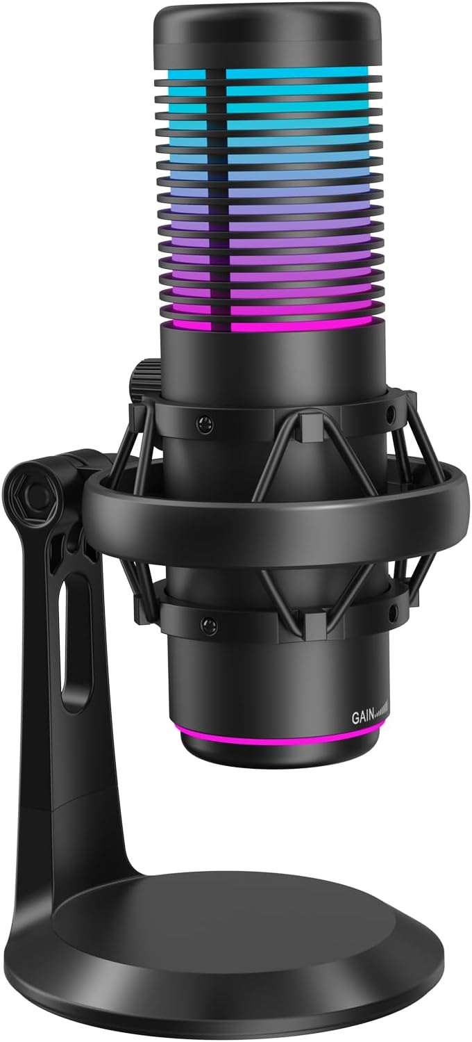 USB Gaming Microphone, 192kHz/24bit, Cardioid Condenser Microphone for Computer, Streaming Mic with RGB Light, Mute Button, Headphone Jack, Volume Control, Perfect for Recording, Singing, Youtube
