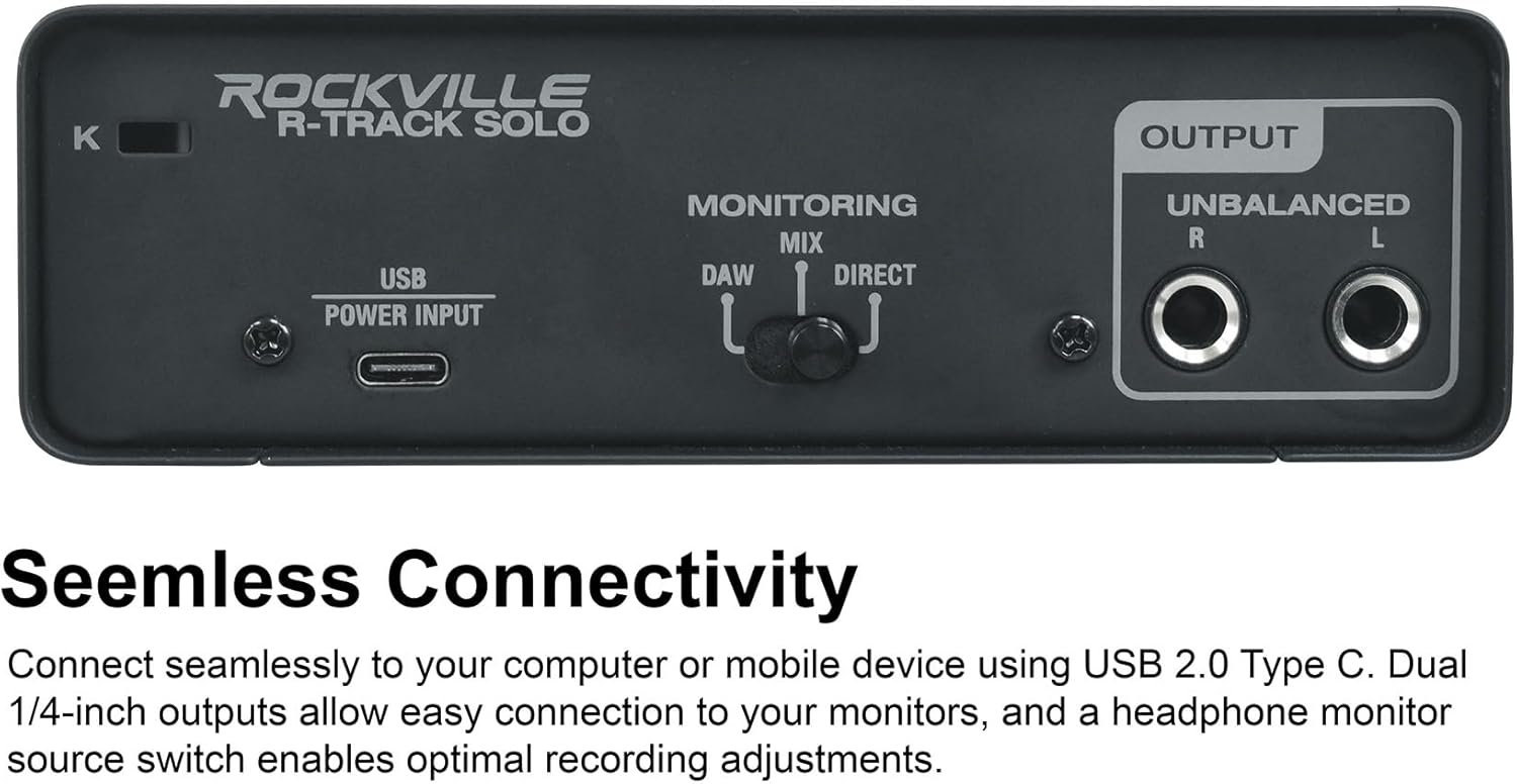 Rockville Bundle: Rockville R-TRACK SOLO Recording USB-C Audio Interface, RCM03 Pro Condenser Microphone, PRO-M50 Studio Headphones (3 Items)
