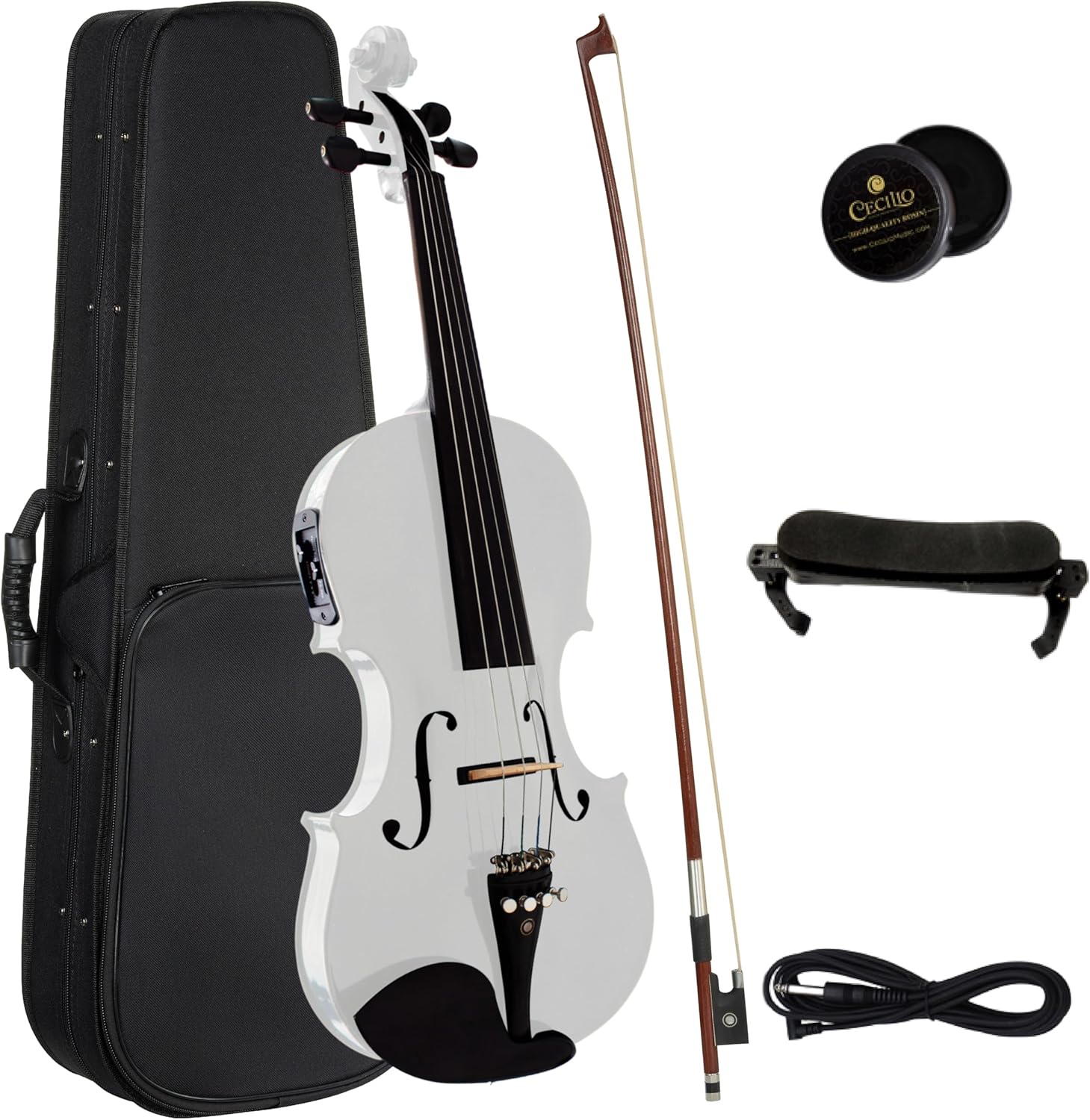 Cecilio 4/4 Full Size Acoustic & Electric Violin for Beginners & Professionals, Hand-Carved Solid Spruce Top, Ebony Fine Tuners, Full Set with Case, Bow, Rosin & AUX Cable (Pearl White)