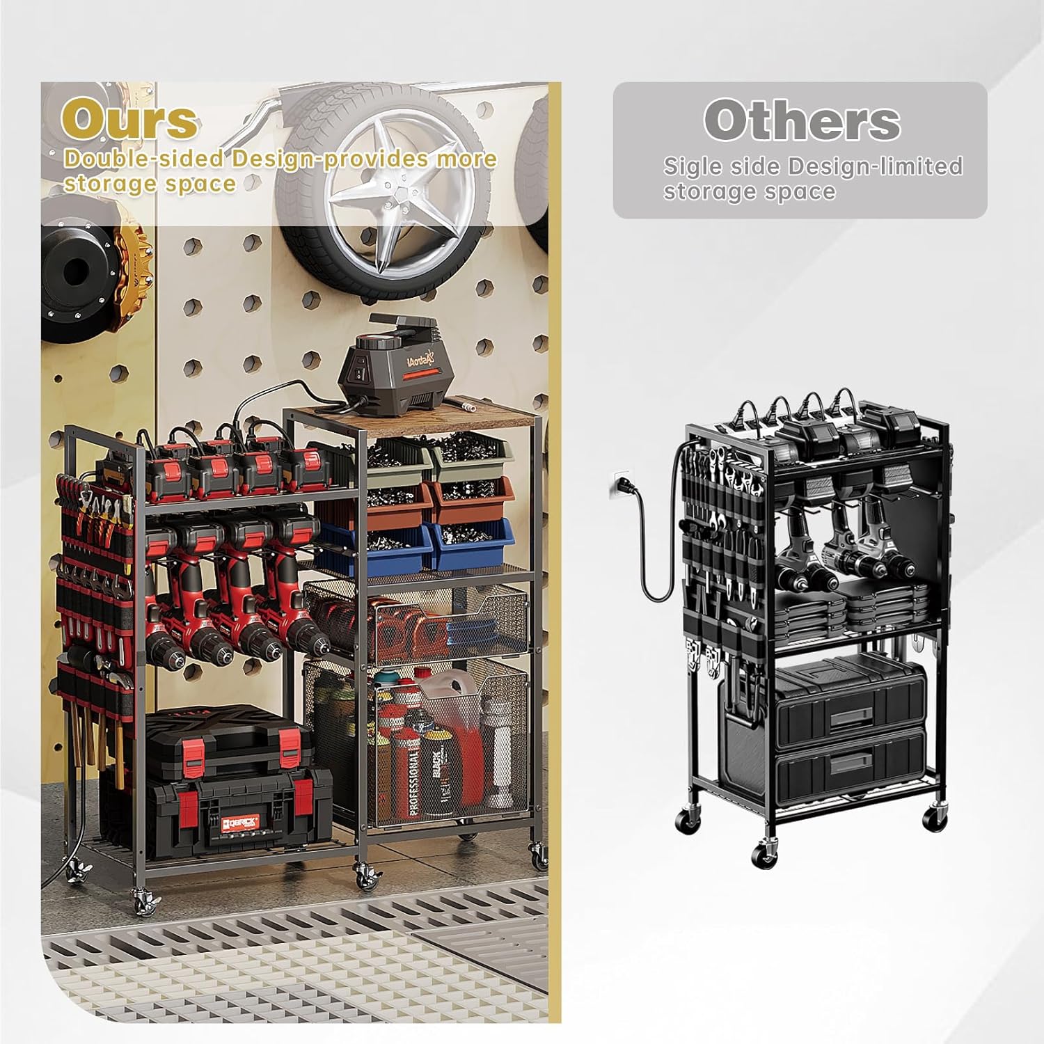 Large Power Tool Organizer Cart with Charging Station, 8 Slots for Cordless Drill Holder with Drawers, Rolling Storage Cart with 8 Power Outlet Heavy Duty Garage Organizer with Wheels for Men