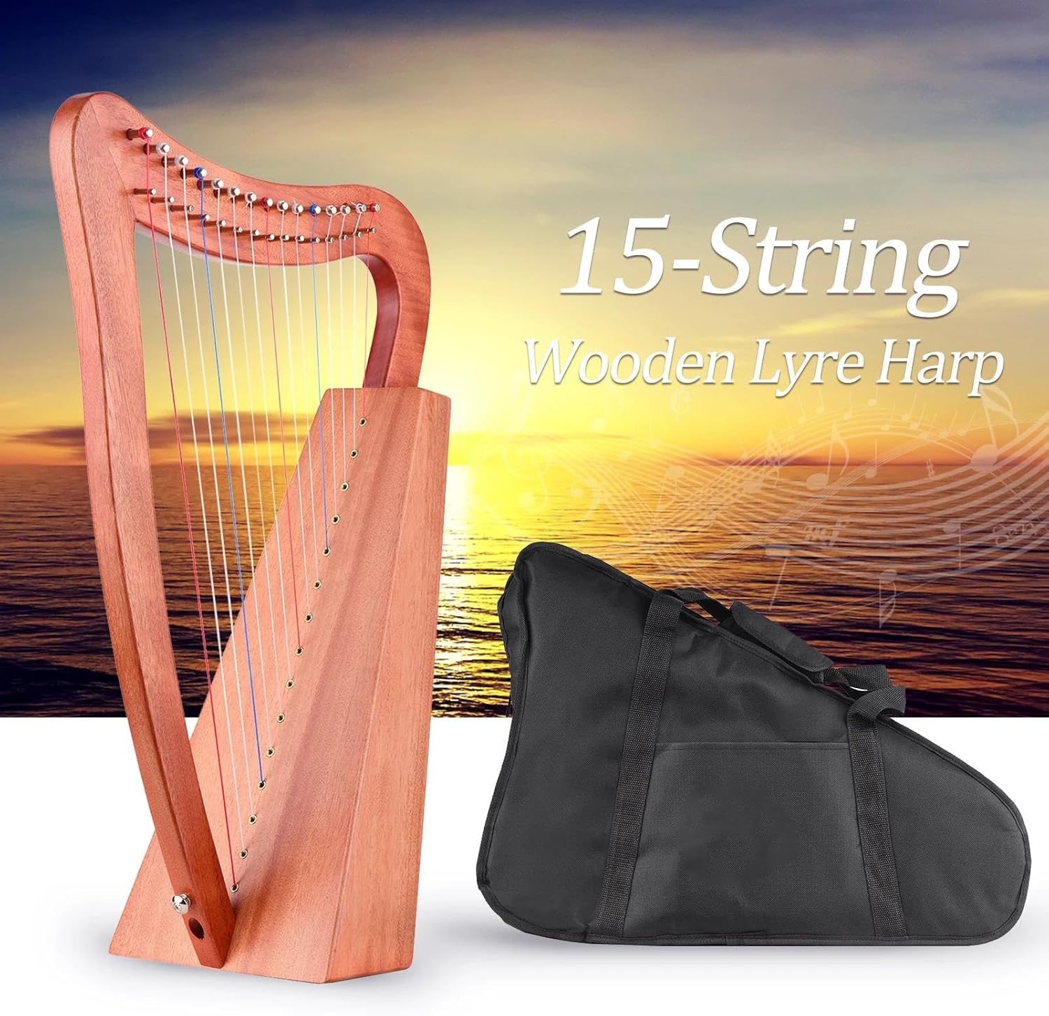 Lyre Harp Set 15-String Lyre Harp Wooden String Instrument With Bag Strap Cloth Tuning Wrench Pickup For Beginners