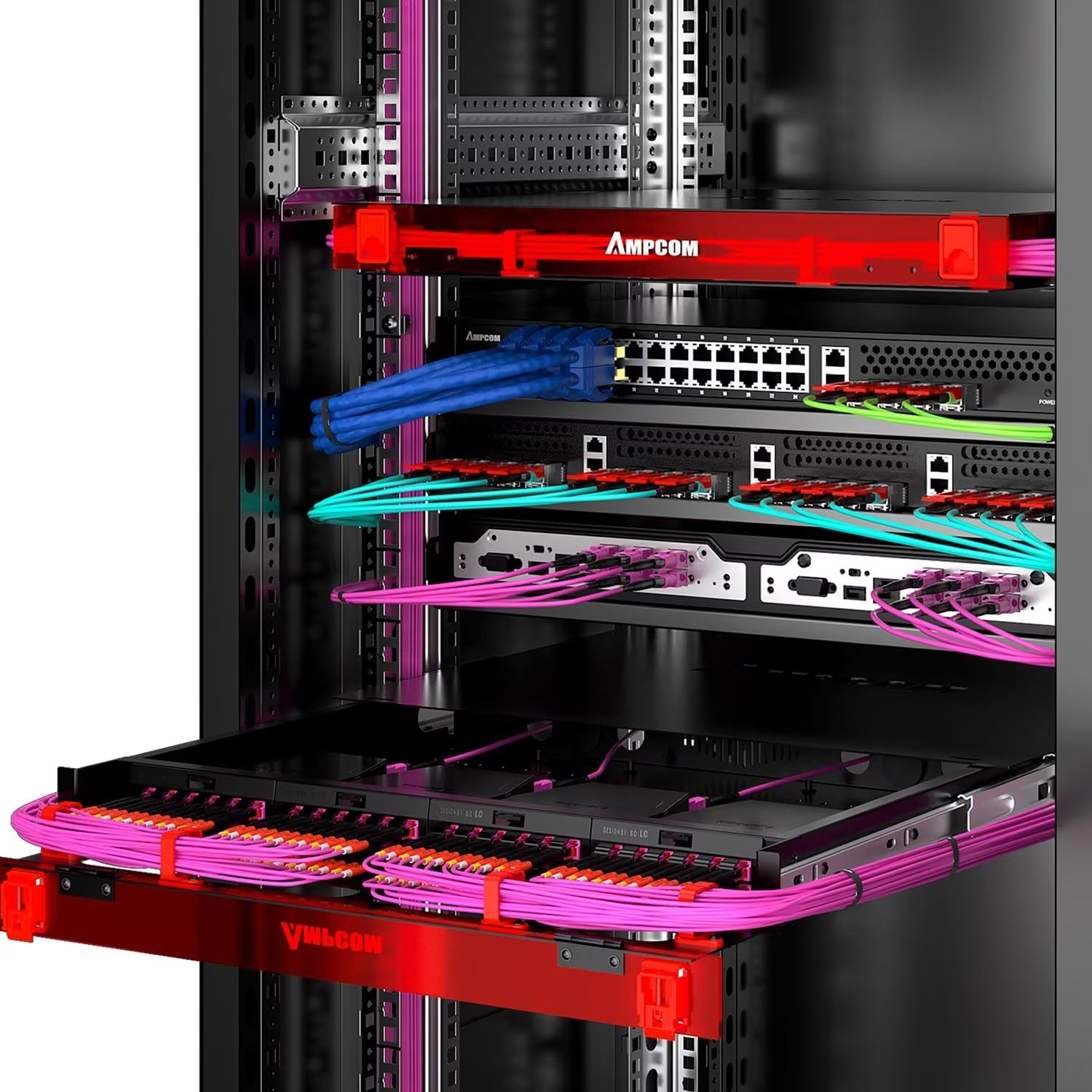 AMPCOM MPO to MPO Trunk Cable 50/125μm Multimode OM3-300 (24 Fiber, MPO to MPO Female, Type B, LSZH/Riser, UPC, Aqua) 30m (98.4ft)