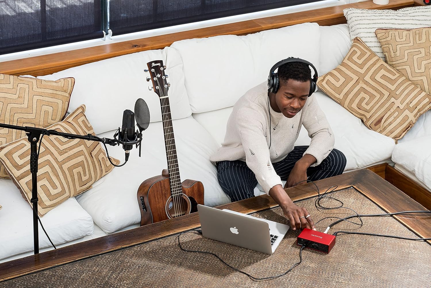 Focusrite Scarlett Solo 3rd Gen USB Audio Interface Bundle w/LyxPro Cardioid Condenser Mic, Shockmount, Pop Filter, XLR Cable, Metal Mic Stand, Studio Headphones & Focusrite Creative Software Kit