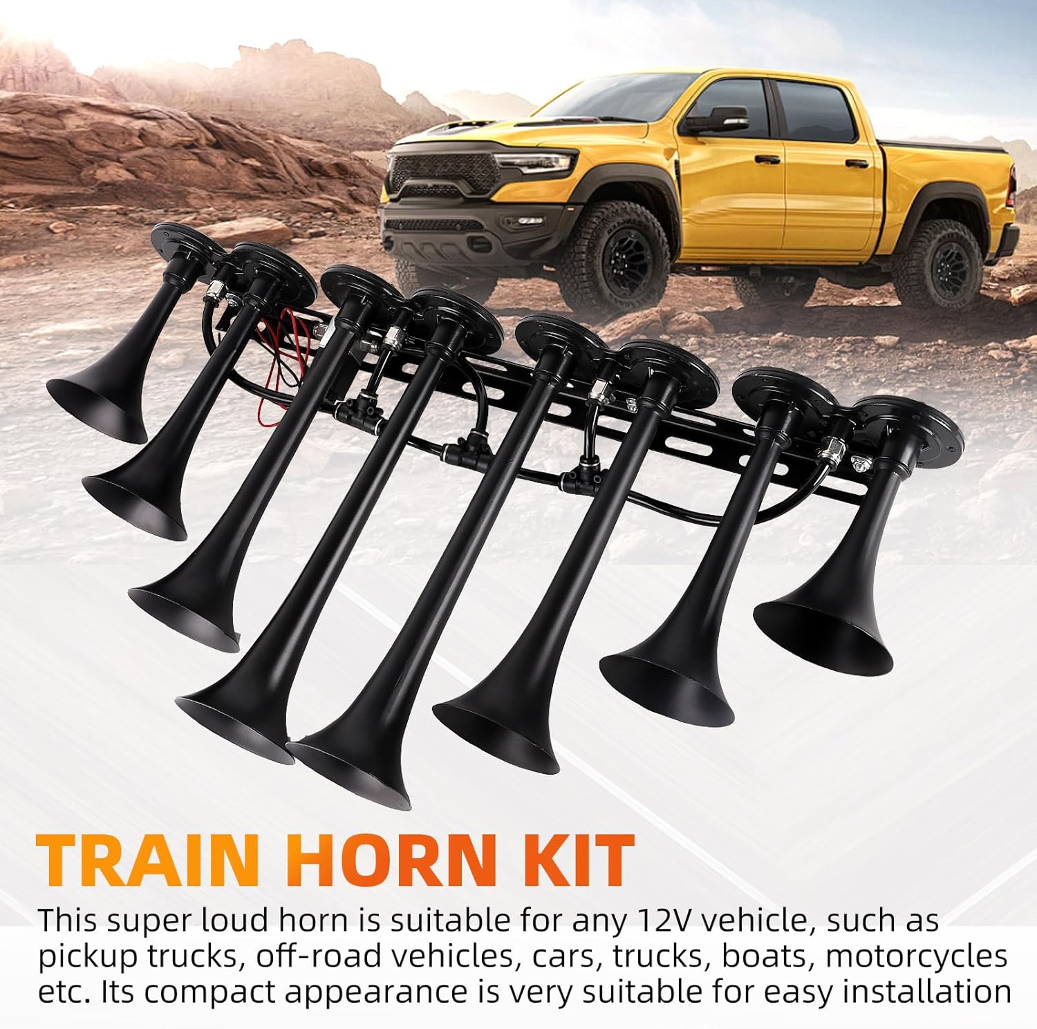 8-Trumpet Train Horn Metal Kit, 800dB super loud Air horn.Truck horns Suitable for 12V Large vehicles, such as semi-automatic driving/pickup/cars/trucks/RVs/SUVs, etc. (black wiht button)