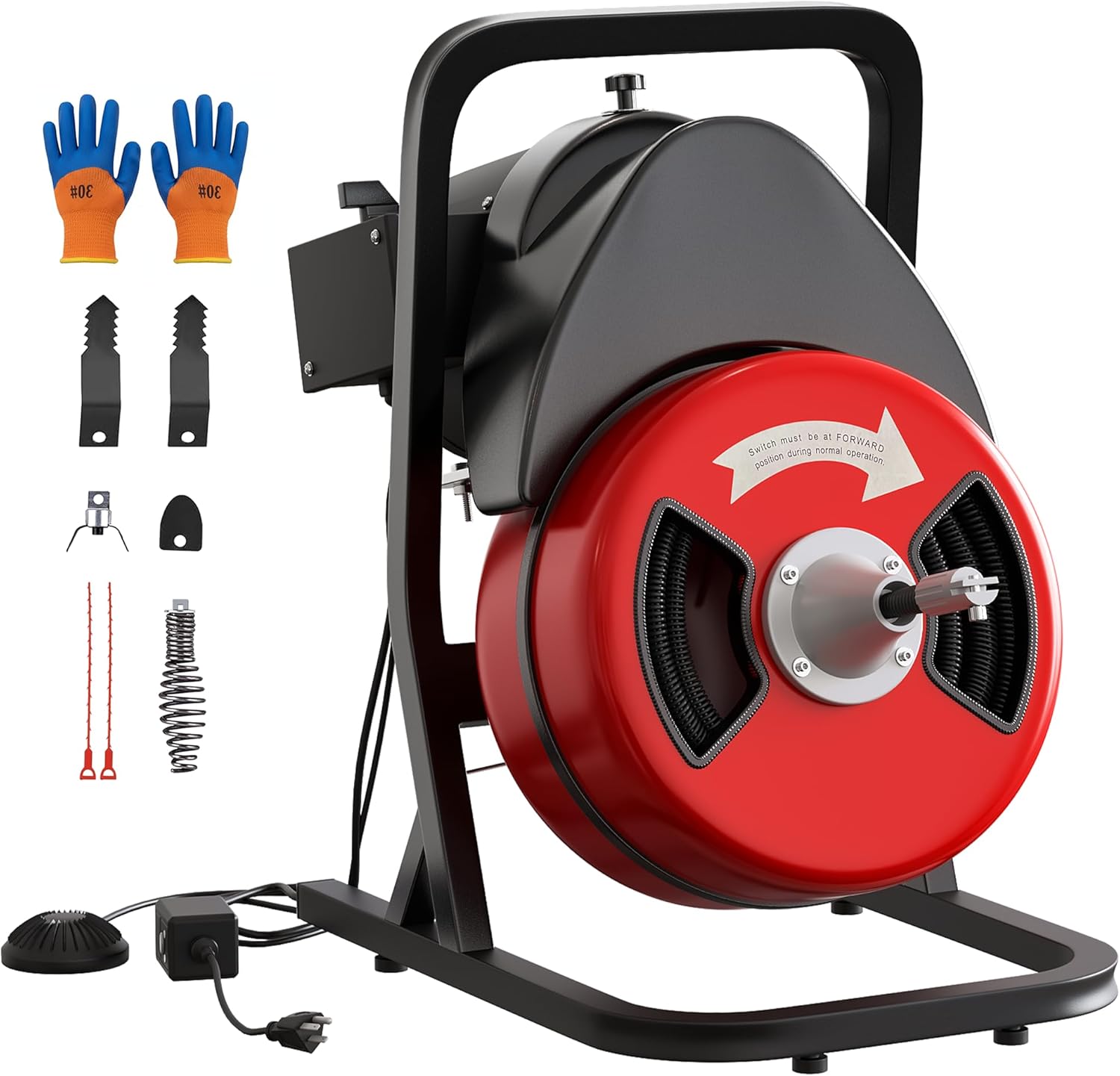 Drain Cleaner Machine 50FT x 1/2 Inch Steel Core Cable Portable 250W Electric Drain Cleaning Machine With Sewer Auger, Cutter, Air-activated Foot Switch, for Commercial, Home