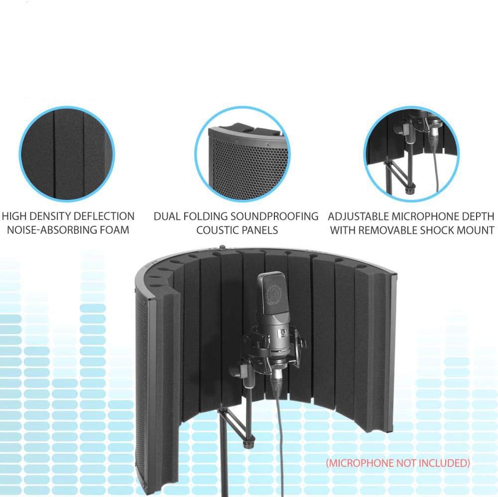 PyleUsa Mini Portable Vocal Recording Booth - Use with Standard Microphone,Isolation Noise Filter Reflection Shield for Studio Quality Audio - Dual Acoustic Foam Soundproof Panel PSMRS09 Black