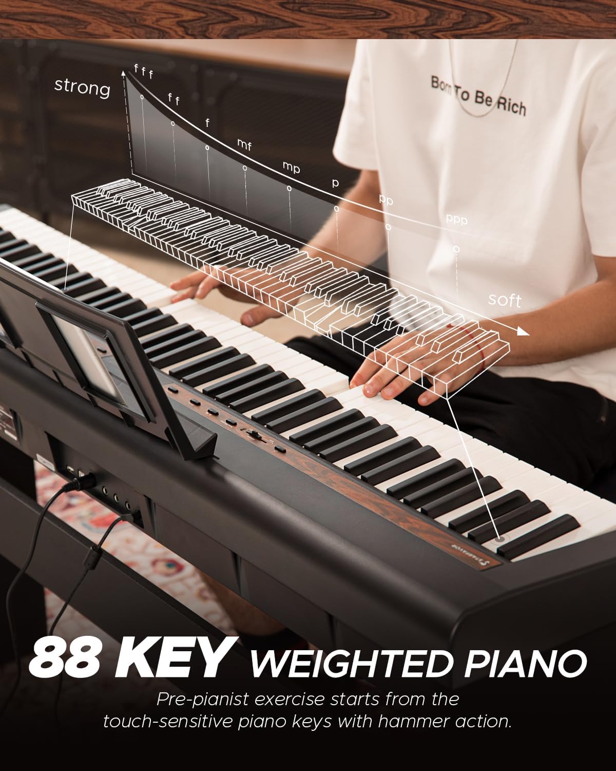 Starfavor SP-150W with Stand Digital Piano with Pedal, 88 Key Weighted Keyboard with Hammer Action,2x30W Speakers,200 Rhythms,238 Tones, Wood Grain Pattern, MIDI/USB