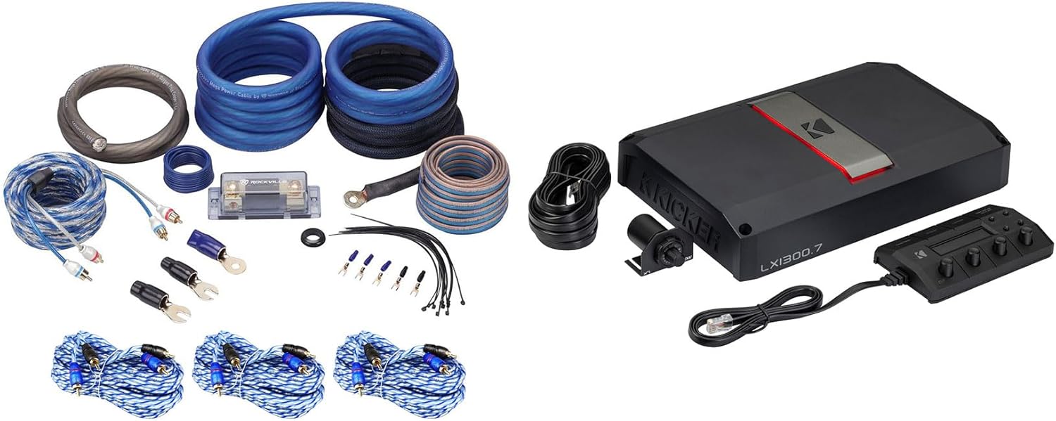 Audiosavings Bundle: Kicker 51LX13007 7-Channel Class-D Car Audio Amplifier Bundle with Rockville RWK0CU 0 AWG Amp Installation Wire Kit and (3) RTR172 17-Foot 2-Channel RCA Cables (5 Items)