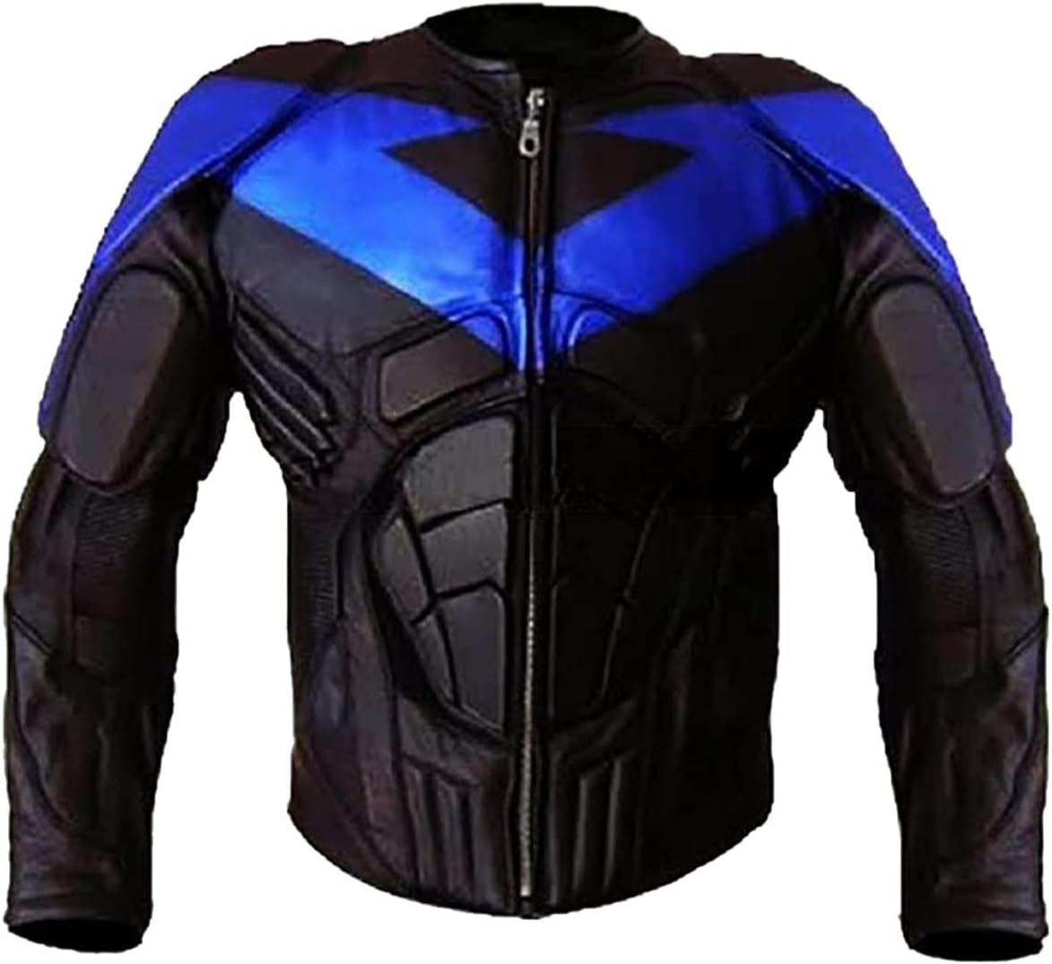 Mens Night Black & Blue Protective Motorcycle Cowhide Leather Jacket - Biker Armor Motorbike Padded Jacket