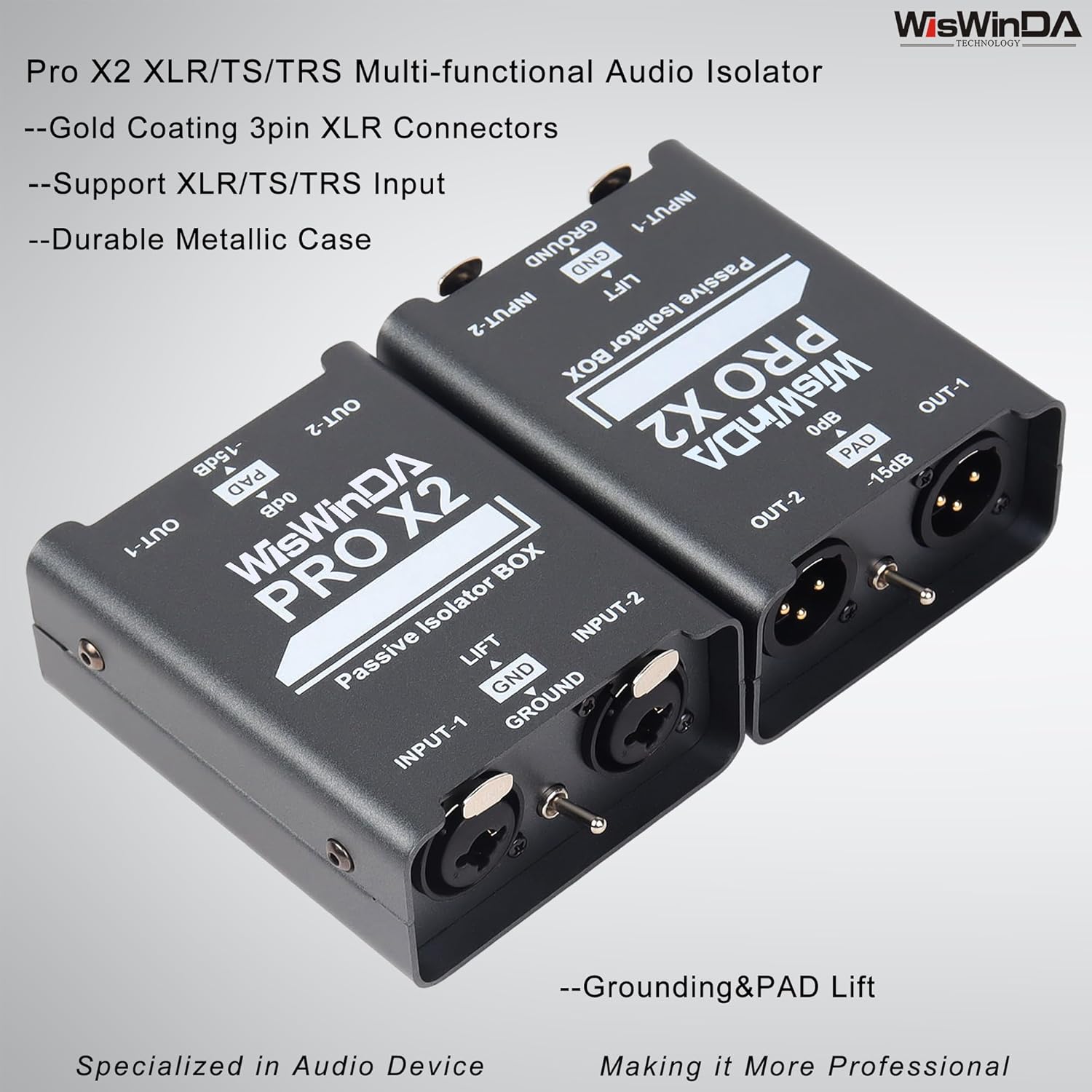 2Channels XLR/TS/TRS Passive Hum Eliminator Box for Audio Equipments Ground Loop Isolator Noise Filter for Different Audio Systems Using (WDISO-Pro X2)