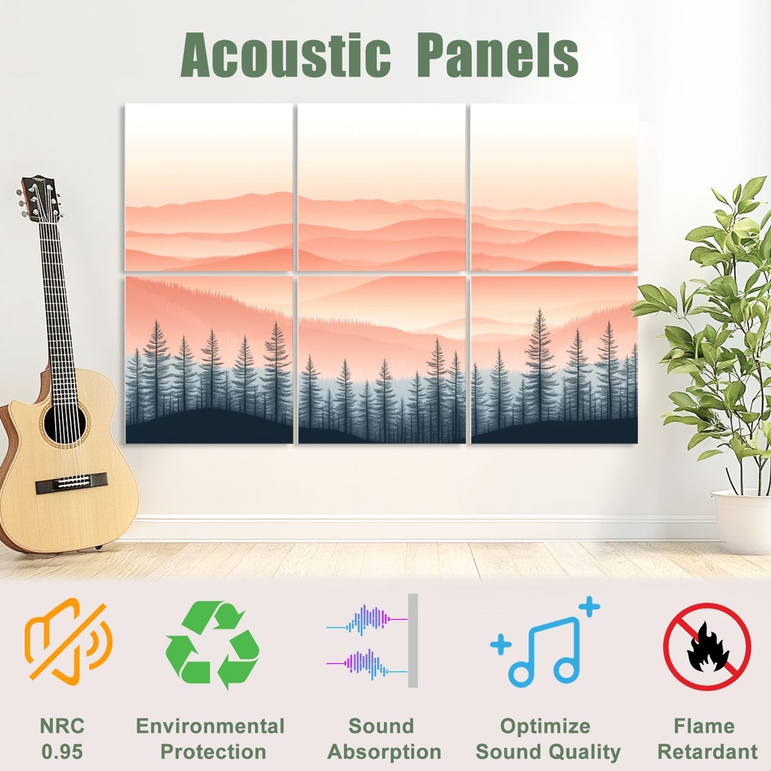 6 Pack Art Acoustic Panels Sound Absorbing Chinoiserie Sunset Luxury And Elegance Mountains Forest Trees Mist Decorative Soundproof Wall Panels Self Adhesive for Recording Studios Office 72