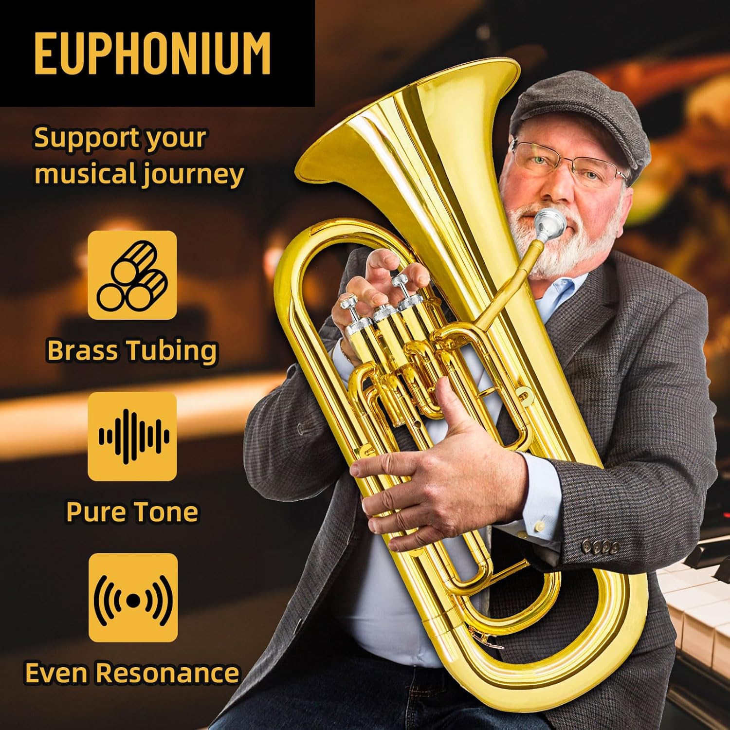 Bb Euphonium Brass Instrument for Beginners & Professionals | Includes Hard Case, Mouthpiece, Cleaning Cloth, and Gloves | Ideal for Brass Band Performance