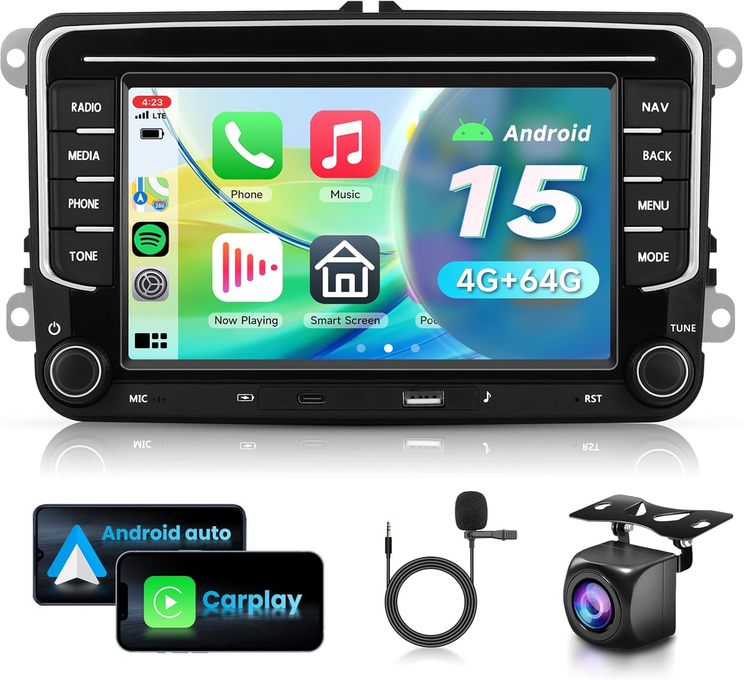 4G+64G Android 15 Car Stereo for VW SEAT Skoda Jetta Golf Polo Wireless Carplay Android Auto, 7 Inch Touchscreen Radio with GPS, WiFi, Bluetooth, FM, 32 EQ,USB/Type-C Charging+ Backup Camera