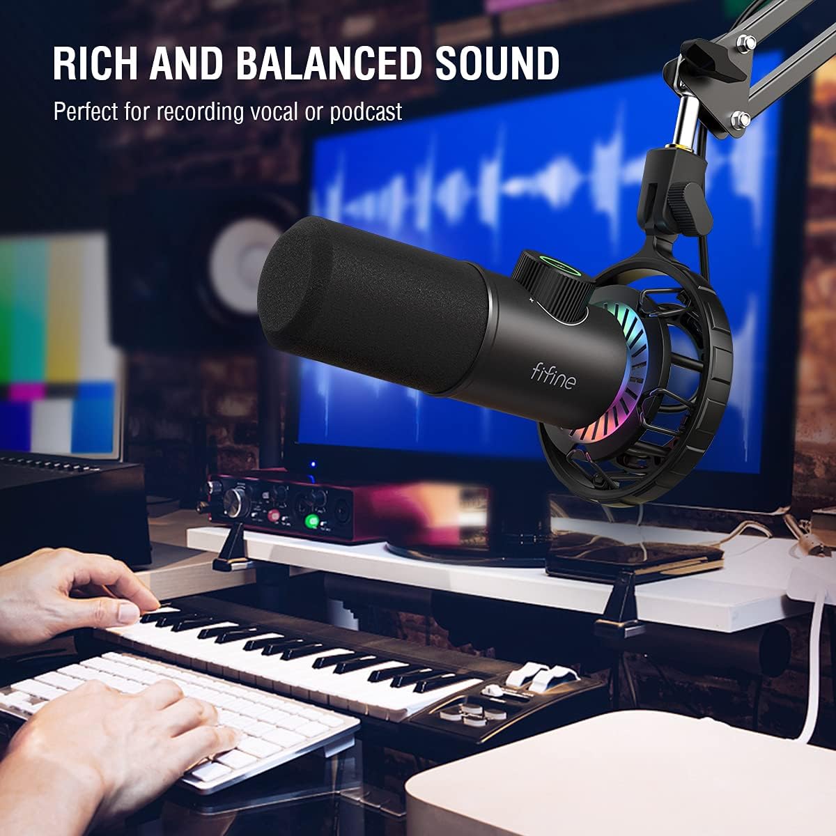 FIFINE USB Gaming Microphone and Boom Arm Stand Kit, RGB Dynamic Mic with Tap-to-Mute, Gain Knob for Streaming, Metal Mic Stand with C-Clamp, 3/8