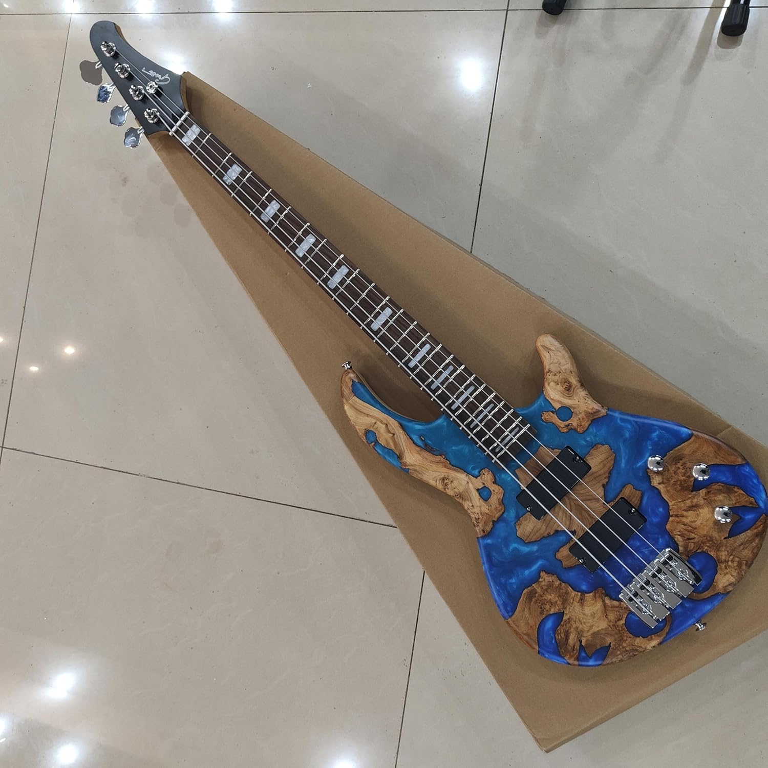 Electric Bass Guitar with Blue Epoxy and Natural Wood Design, 4-String, Chrome Hardware