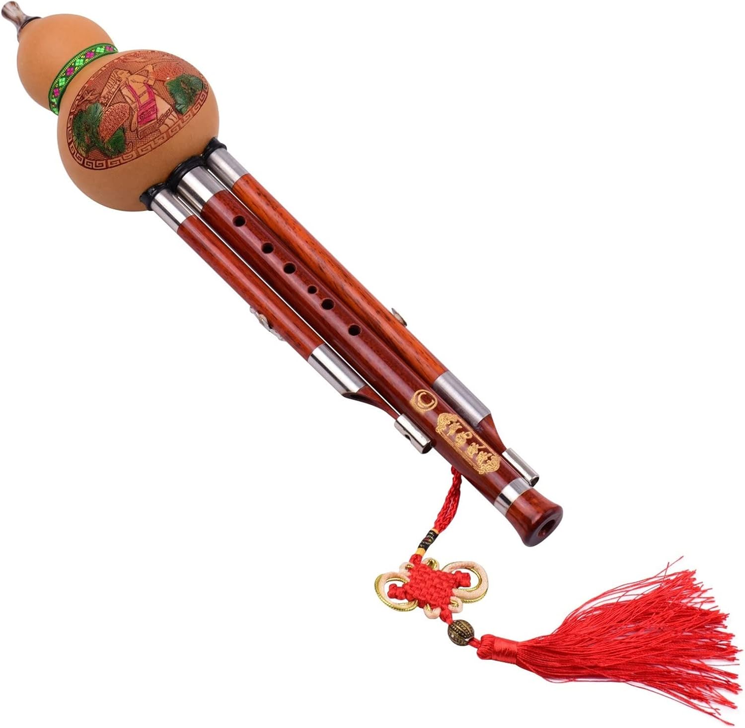 FLFL Hulusi 3 Tone C-Key Hulusi Cucurbit Flute Solid Wood Pipes with Carry Case