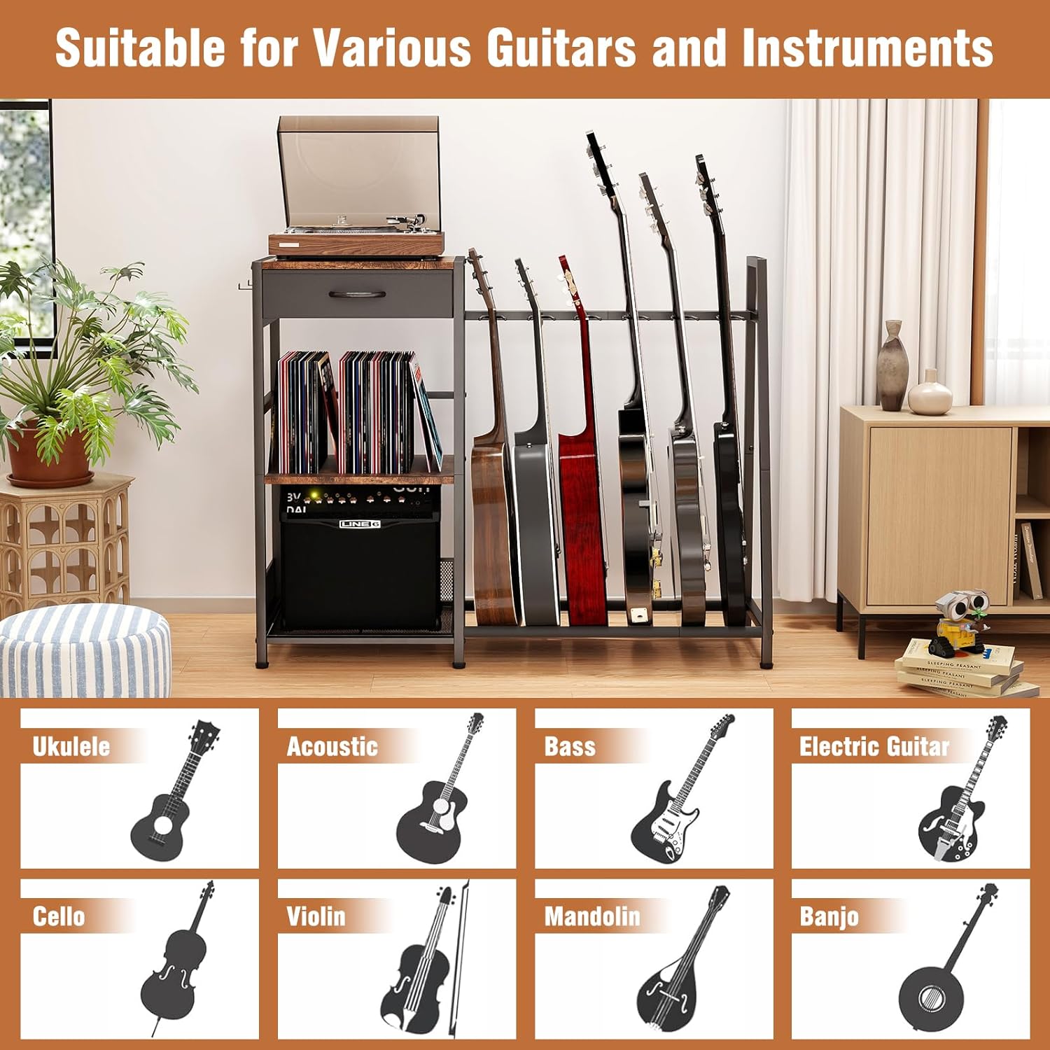 Guitar Stand Rack, 6-Slot Floor Standing Guitar Display Holder, Heavy-Duty Storage Display Rack for Multiple Electric & Acoustic Guitars, Space Saving for Home Studio
