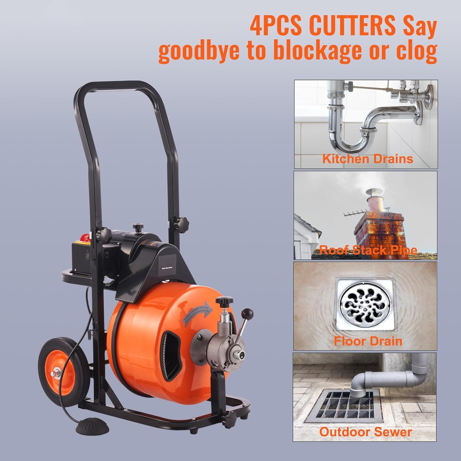 Happybuy Drain Cleaner Machine - 100 FT x 1/2 Inch, Auto Feed Sewer Auger with 4 Cutters & Air-activated Foot Switch, for 1