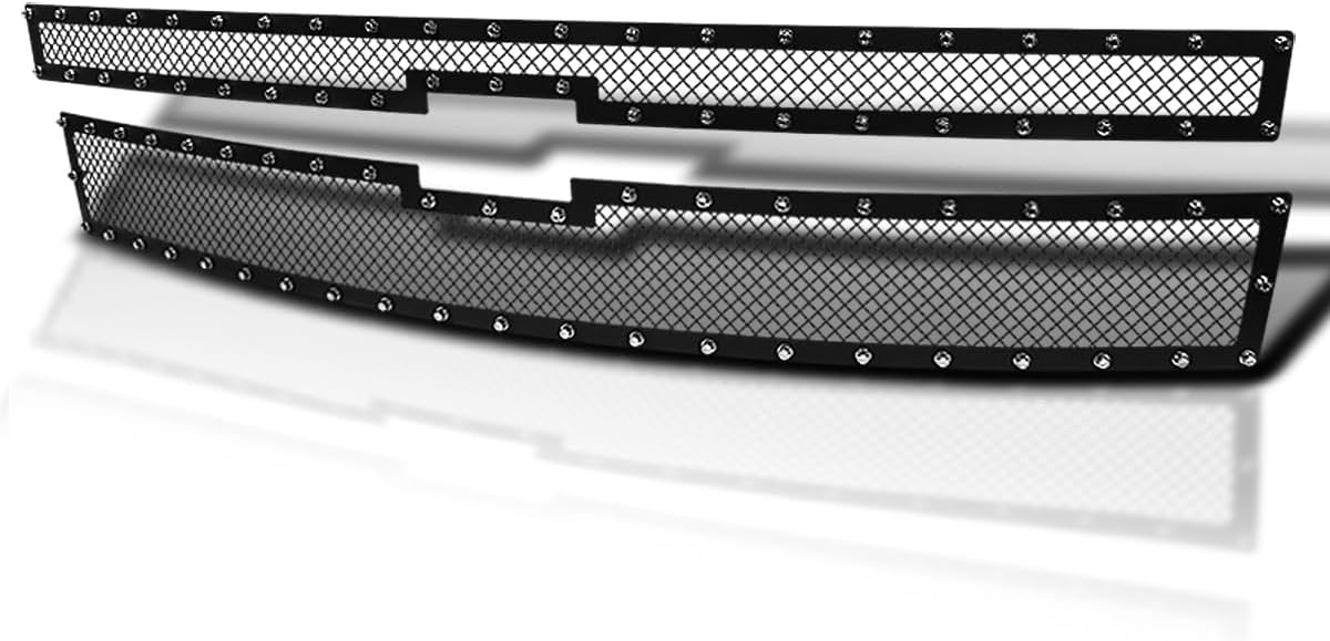 Spec-D Tuning 2PC Rivet Mesh Black Upper Main Grille Insert Compatible with 2014-2015 Chevy Silverado 1500