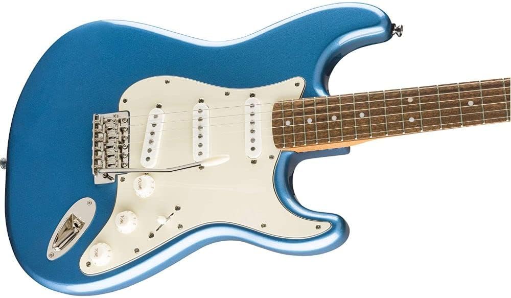 Squier Classic Vibe '60s Stratocaster Electric Guitar, Lake Placid Blue, Laurel Fingerboard Bundle with 10ft Cable, 12-Pack Picks, and 2