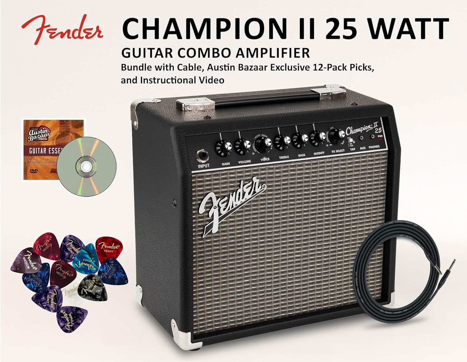 Fender Champion II 25 Watt Guitar Combo Amplifier Bundle with Cable, Austin Bazaar Exclusive 12-Pack Picks, and Instructional Video