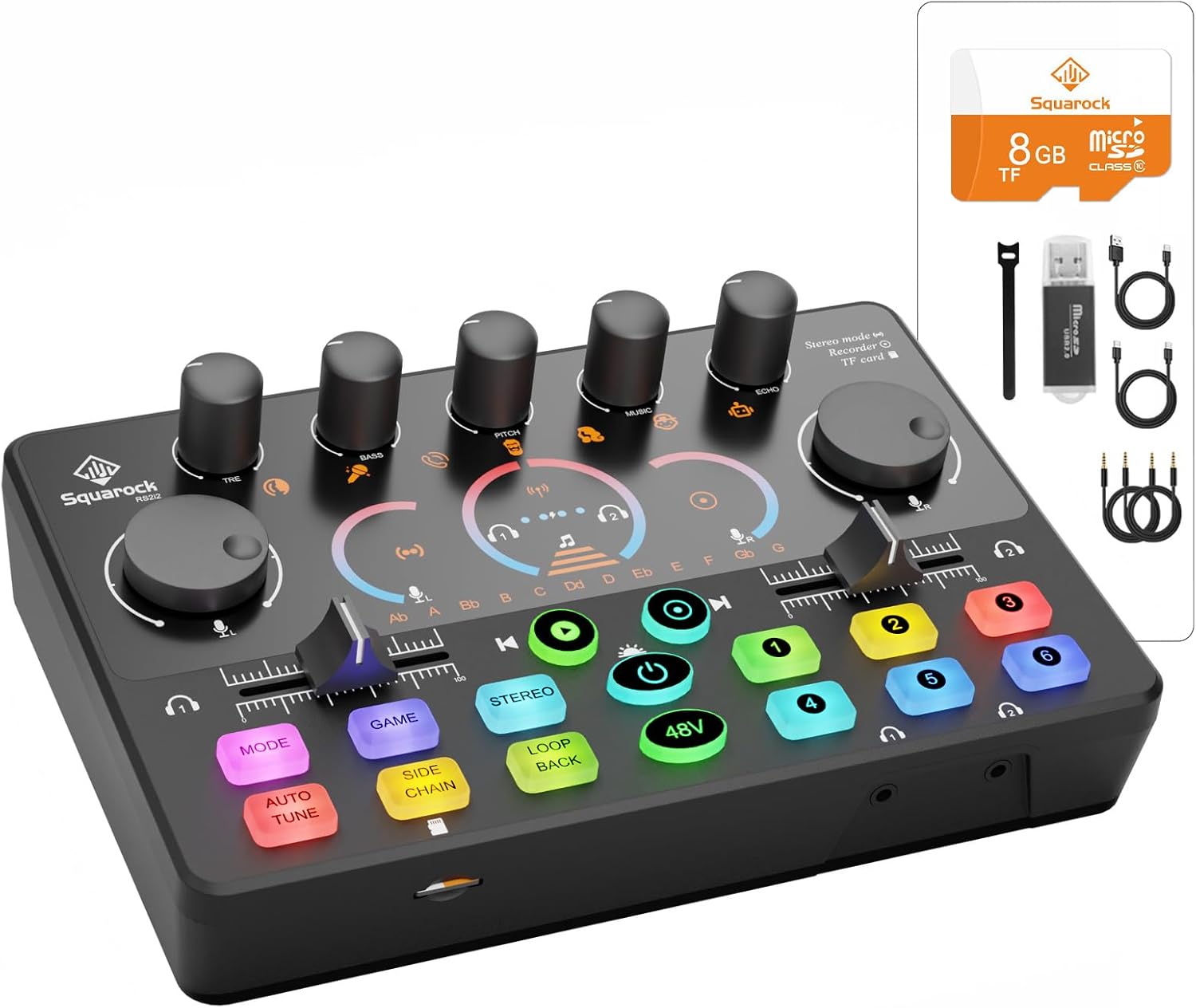 Audio Mixer with TF Card, 5RGB Compatible with Camera/PC/Phone/,for Vocal Recording Podcasting,Streaming Singing RS2