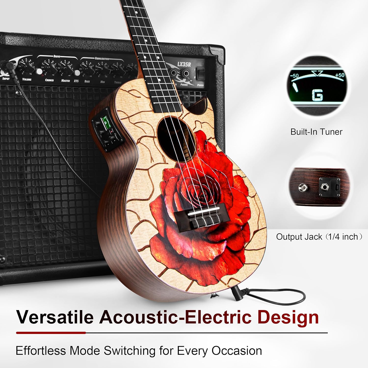 Caramel TEM39 26-inch Tenor Acoustic-Electric Ukulele with Florentine Cutaway, All Solid Spruce & Rosewood, Unique Rose Flower Decorative Top, Handmade Professional Ukulele Kit with Accessories