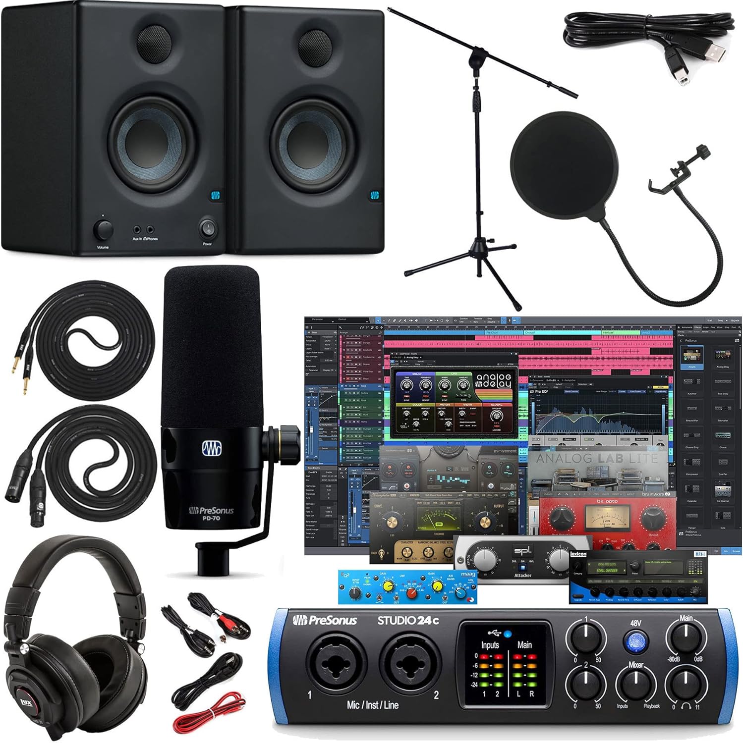 PreSonus Studio 24c 2x2 USB Type-C Audio/MIDI Interface with Studio One Artist Software Pack w/Eris 3.5 Pair Studio Monitors and PreSonus PD-70 Vocal Dynamic Microphone with XLR Cable